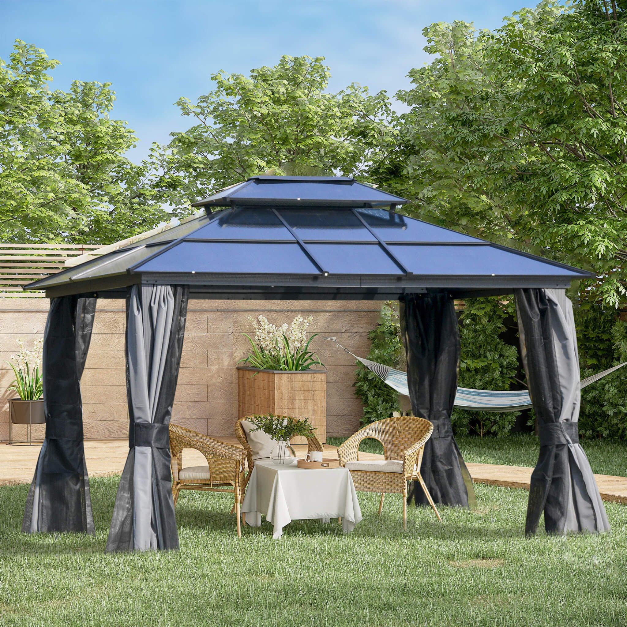 [10X12FT] Alora Hardtop Gazebo Canopy With Polycarbonate Double Roof, Netting, And Curtains (SAK15672) – SAKSBY WHOLESALE, vi