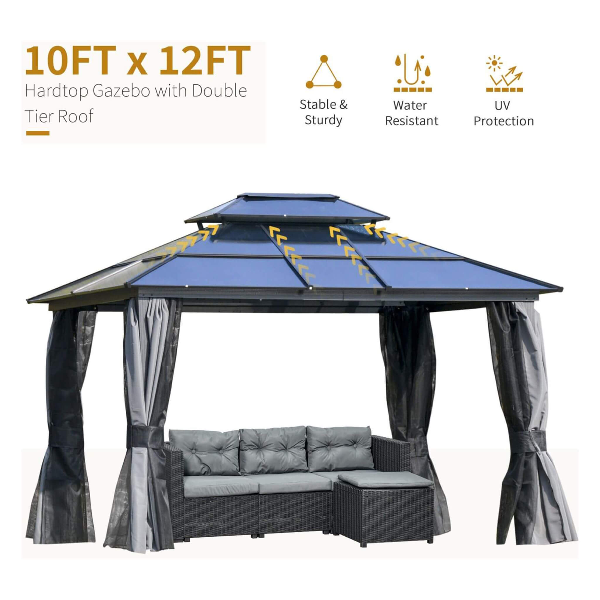 [10X12FT] Alora Hardtop Gazebo Canopy With Polycarbonate Double Roof, Netting, And Curtains (SAK15672) – SAKSBY WHOLESALE, vi