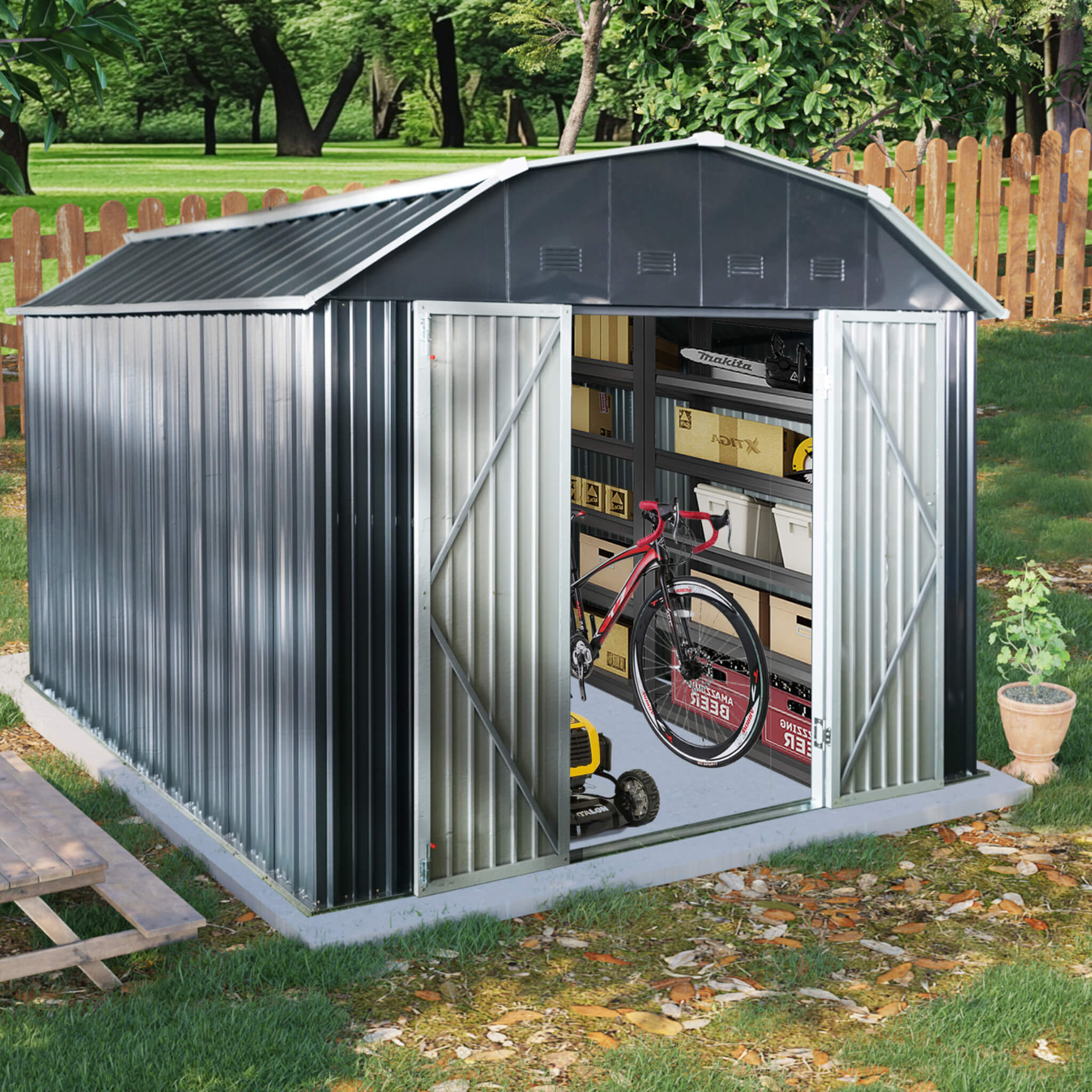 [10X12FT] Alora Heavy-Duty Outdoor Metal Garden Backyard Shed With Arch Roof And Lockable Doors (SAK57431) – SAKSBY WHOLESALE