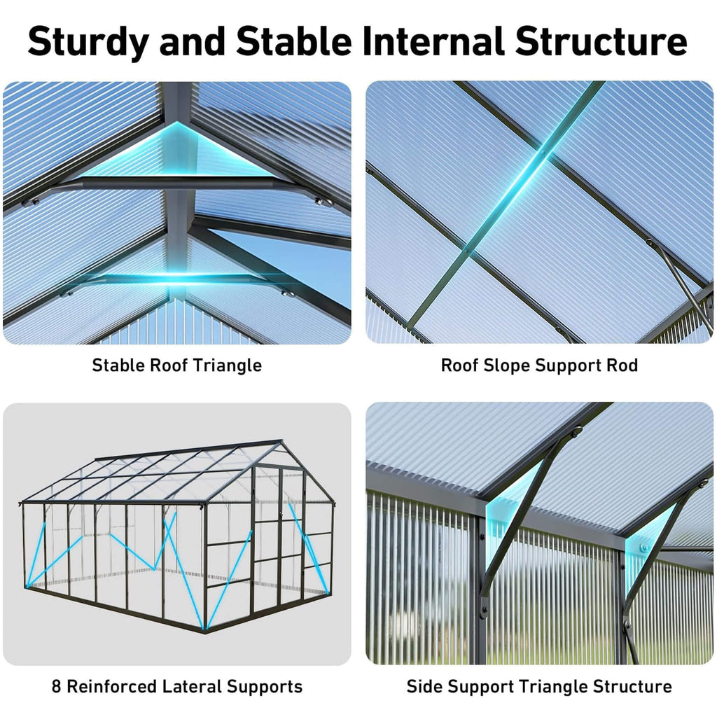 [10X12FT] Outdoor Polycarbonate Aluminum Greenhouse With UV Protection And Thermometer (SAK59183) – SAKSBY WHOLESALE, view 7