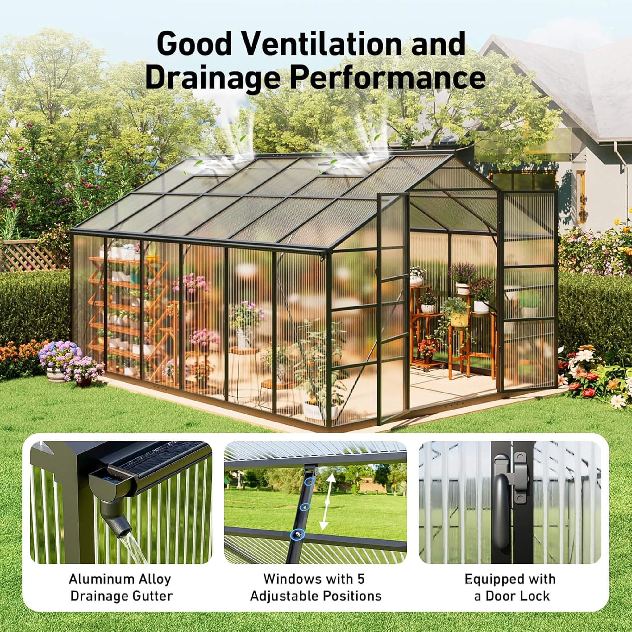 [10X12FT] Outdoor Polycarbonate Aluminum Greenhouse With UV Protection And Thermometer (SAK59183) – SAKSBY WHOLESALE, view 6