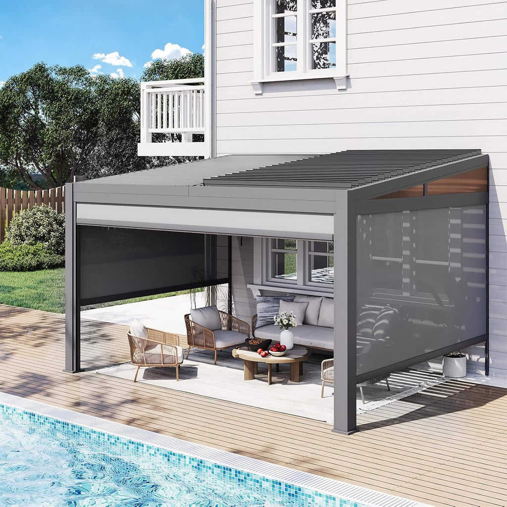Alora Luxury Wall-Mounted Aluminum Louvered Pergola With Pull-Down Screens (SAK91537) – SAKSBY WHOLESALE