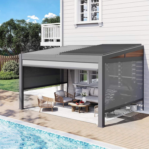 Alora Luxury Wall-Mounted Aluminum Louvered Pergola With Pull-Down Screens (SAK91537) – SAKSBY WHOLESALE