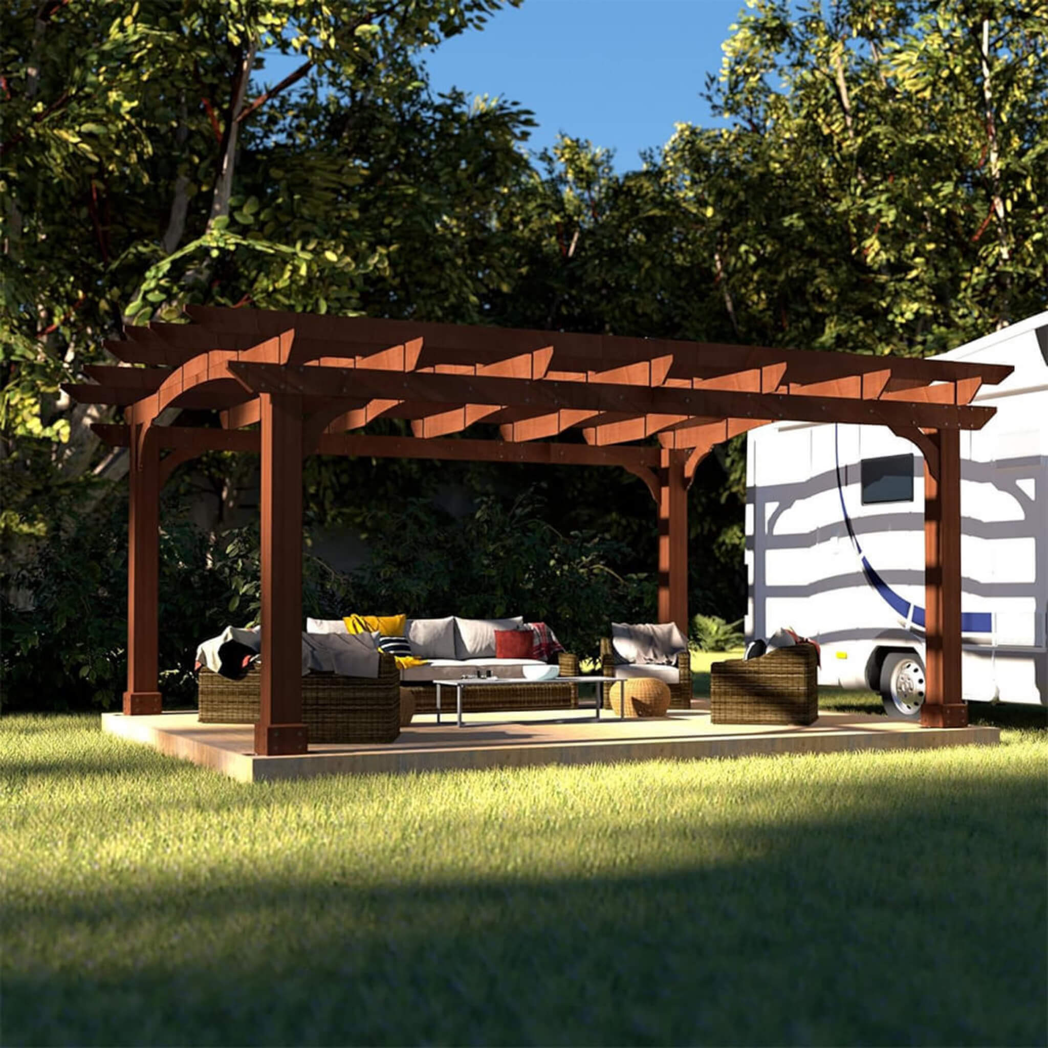 [12X14FT] Alora Luxury Outdoor All-Season Backyard Cedar Wood Gazebo Pergola With Arched Roof And Stakes For Patios (SAK68194