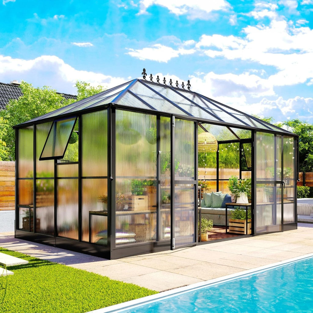 [10X14FT] Premium Outdoor Polycarbonate Greenhouse With Aluminum Frame And Double Swing Doors (SAK23168) – SAKSBY WHOLESALE, 