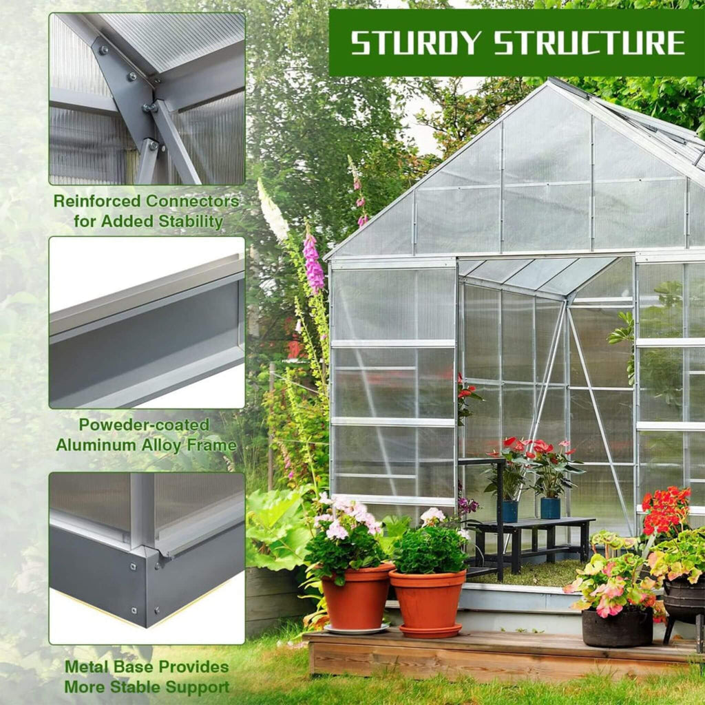 [10X16FT] Extra Large Heavy-Duty Backyard Polycarbonate Aluminum Greenhouse With Sliding Doors And Vents (SAK97526) – SAKSBY 