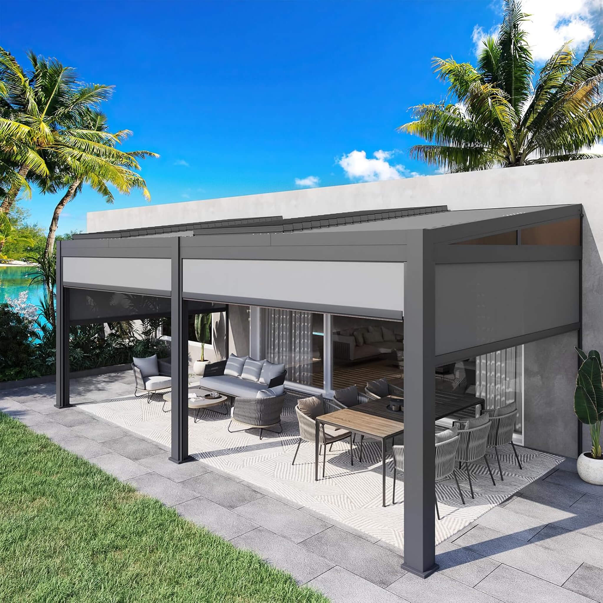 Alora Luxury Wall-Mounted Aluminum Louvered Pergola With Pull-Down Screens (SAK91537) – SAKSBY WHOLESALE, view 9