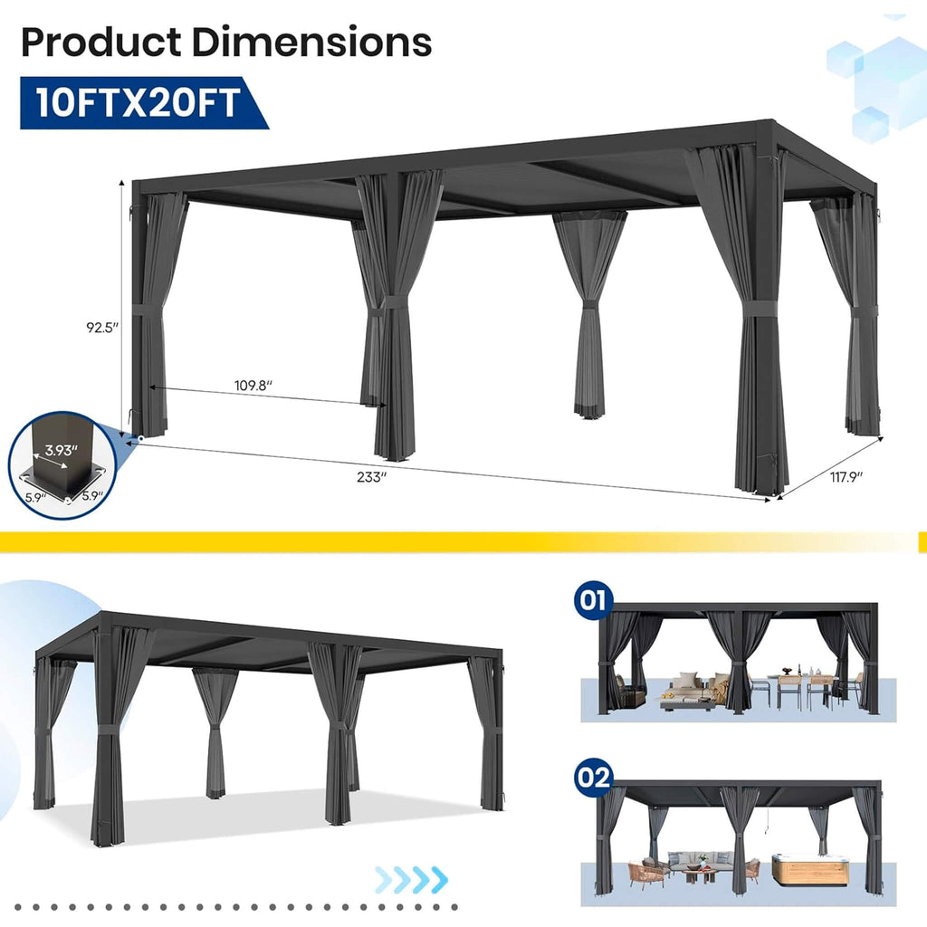 [10X20FT] Alora Premium Louvered Pergola With Curtains And Netting (SAK67041) – SAKSBY WHOLESALE, view 8