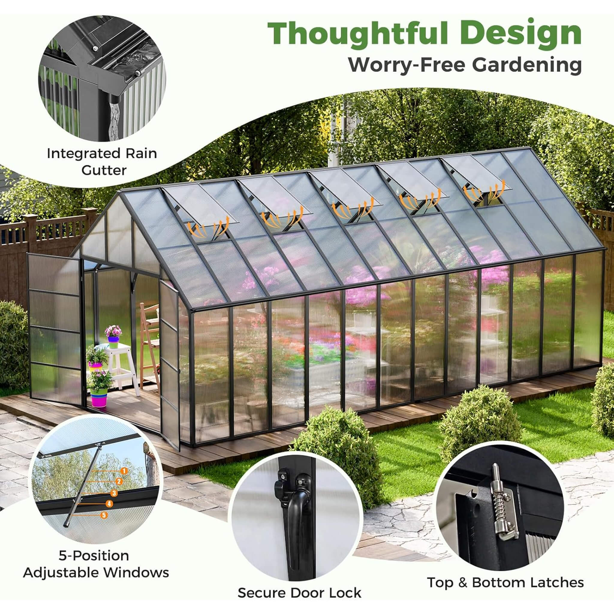 [10X24FT] Heavy-Duty Outdoor Aluminum Polycarbonate Greenhouse With Roof Vents And Swing Doors, 4MM (SAK97032) – SAKSBY WHOLE