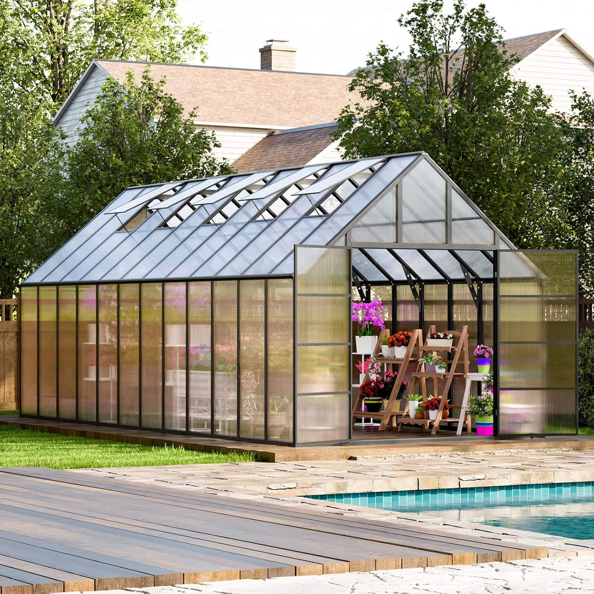 [10X24FT] Heavy-Duty Outdoor Aluminum Polycarbonate Greenhouse With Roof Vents And Swing Doors, 4MM (SAK97032) – SAKSBY WHOLE