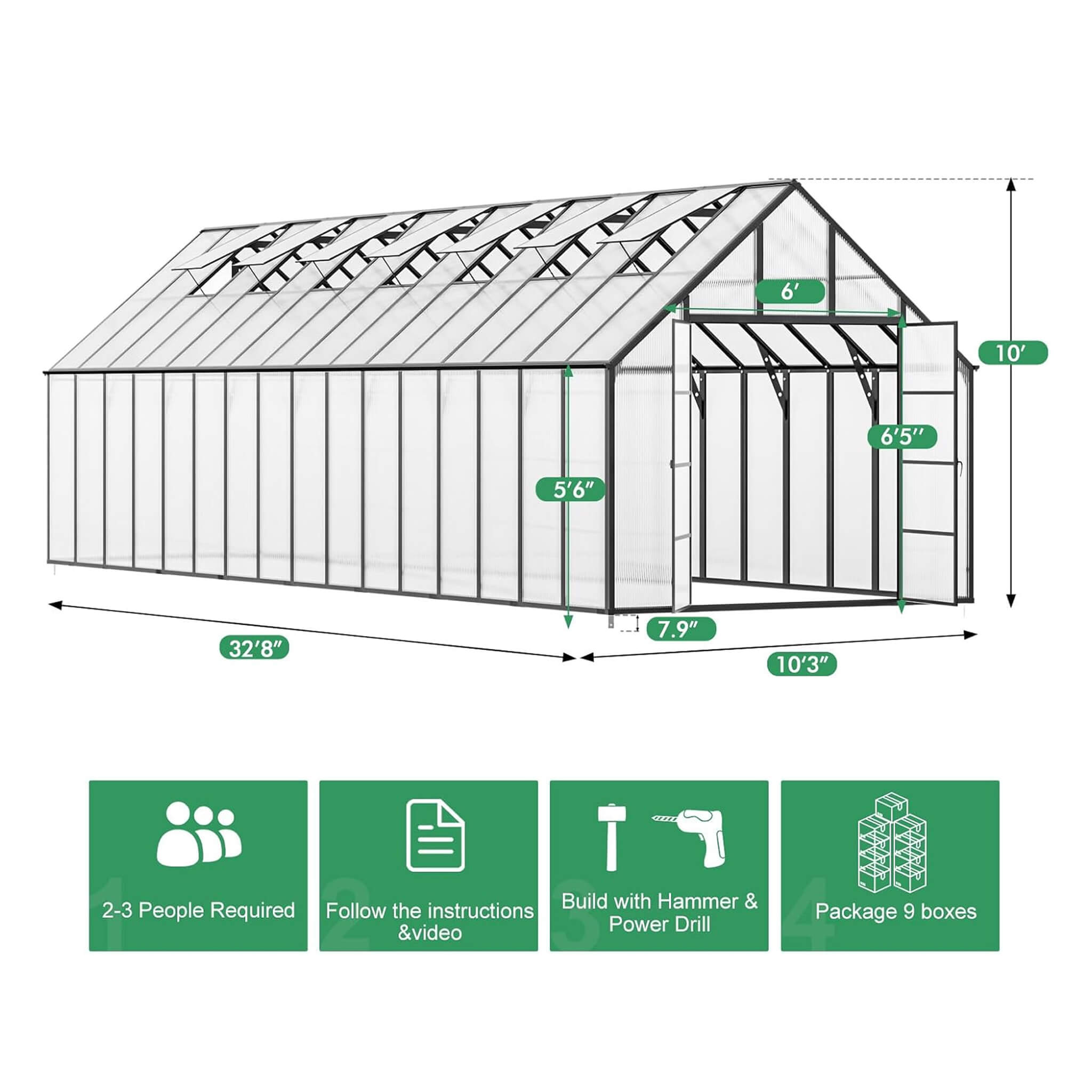 [10X32FT] Heavy-Duty Outdoor Aluminum Polycarbonate Greenhouse With Roof Vents And Swing Doors, 4MM (SAK10483) – SAKSBY WHOLE