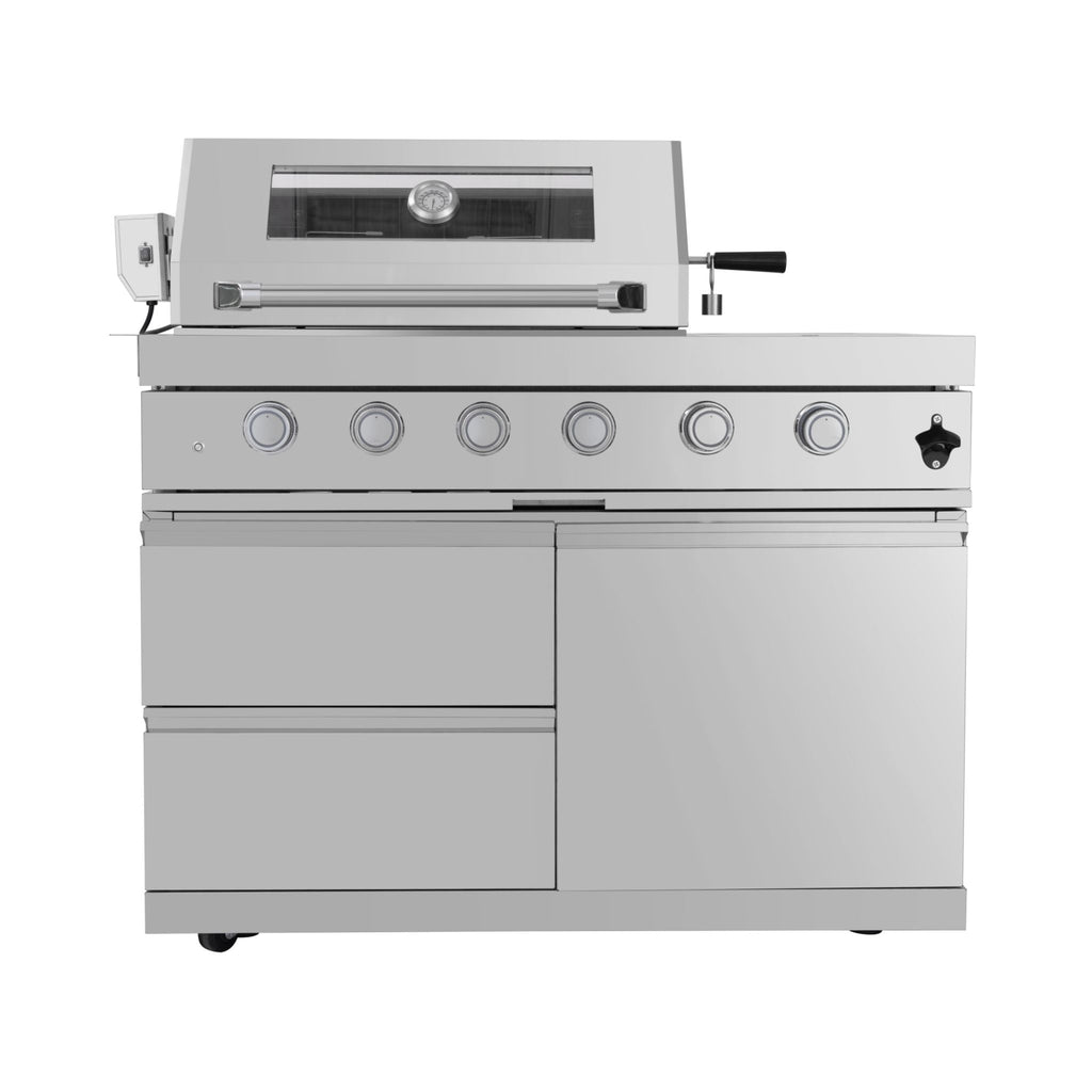Castelle Flame Imperial 110-Inch 4-Burner 72K BTU Deluxe Stainless Steel Outdoor Kitchen Grill Island With Wine Cooler, Rotis