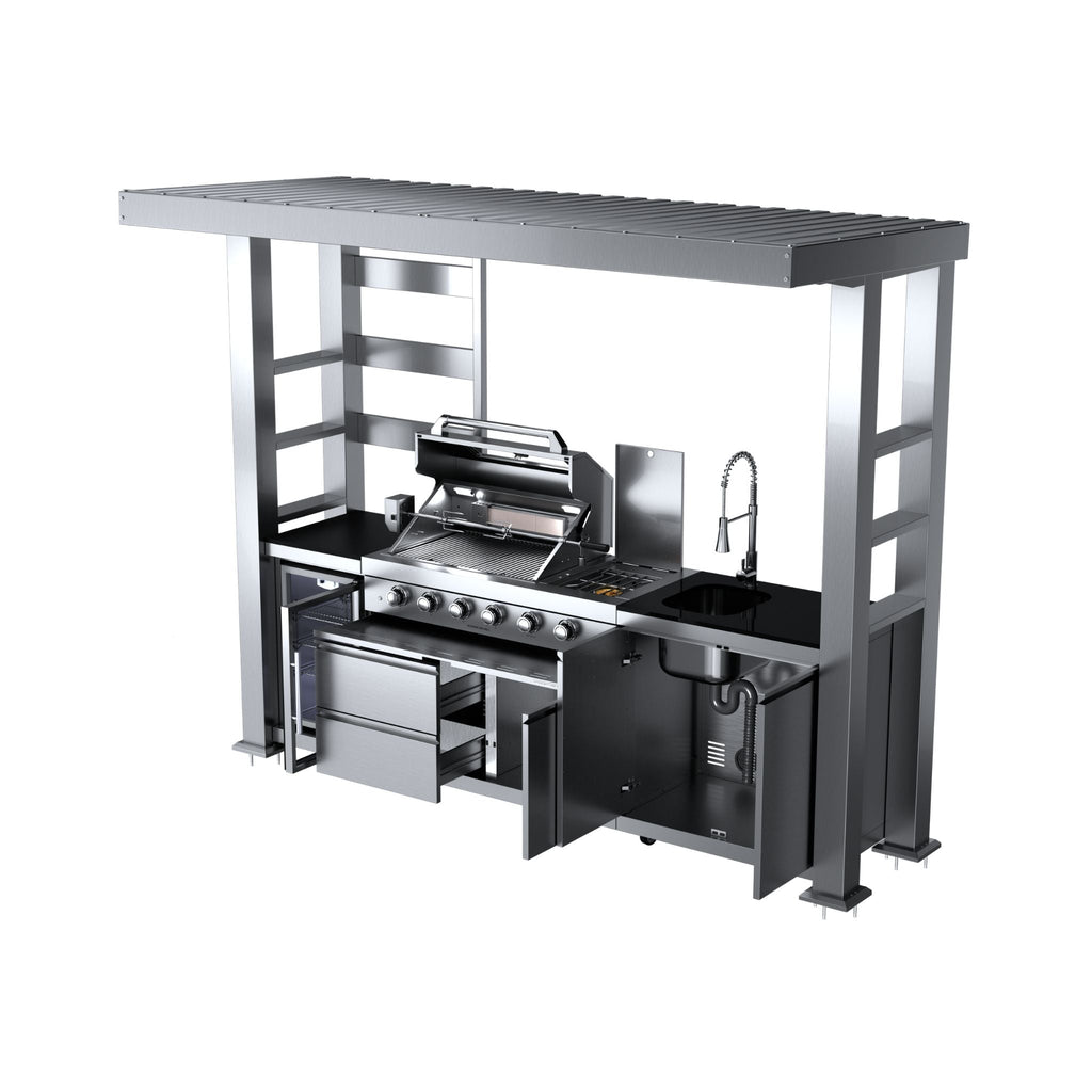 Castelle Flame Imperial 110-Inch 4-Burner 72K BTU Deluxe Stainless Steel Outdoor Kitchen Grill Island With Wine Cooler, Rotis