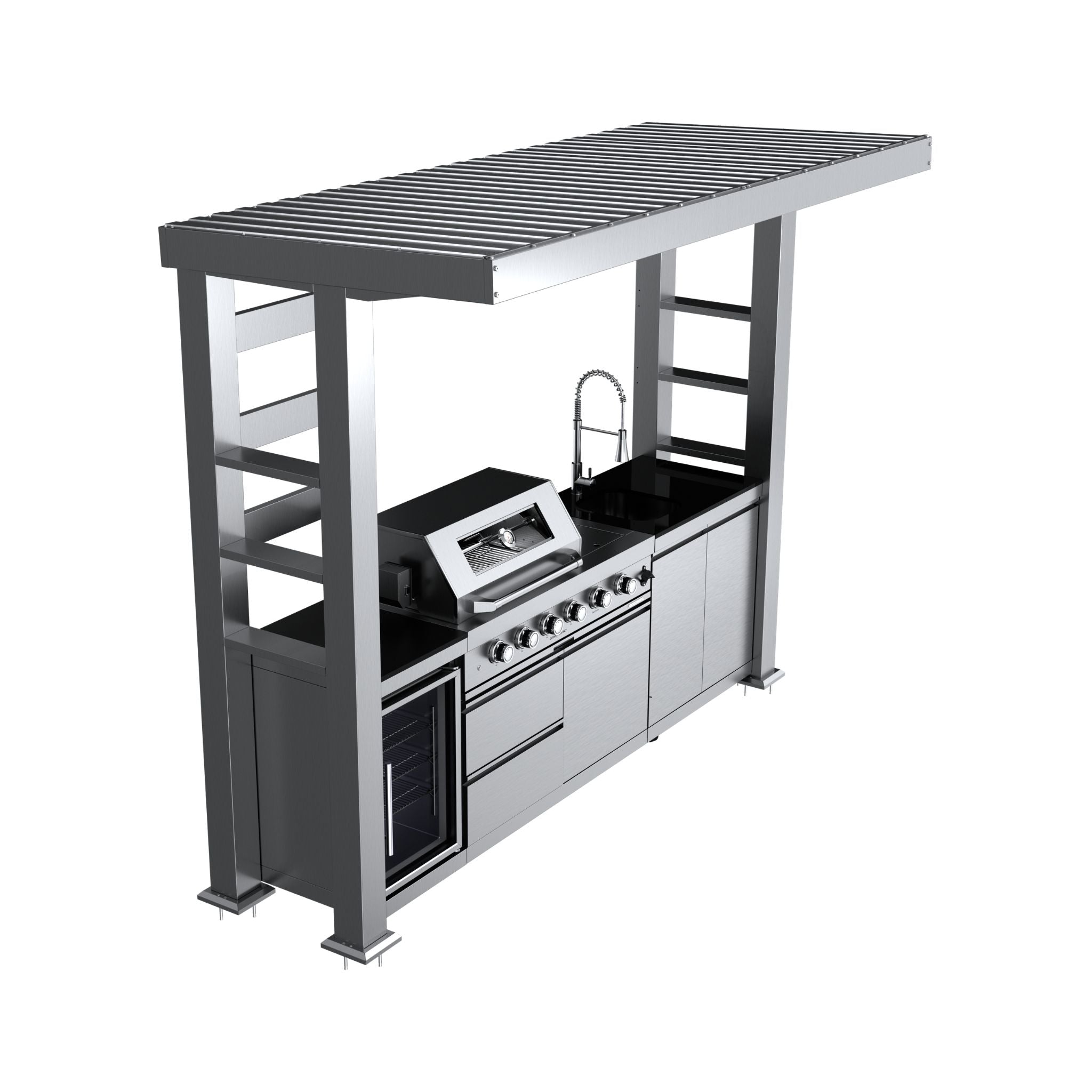 Castelle Flame Imperial 110-Inch 4-Burner 72K BTU Deluxe Stainless Steel Outdoor Kitchen Grill Island With Wine Cooler, Rotis