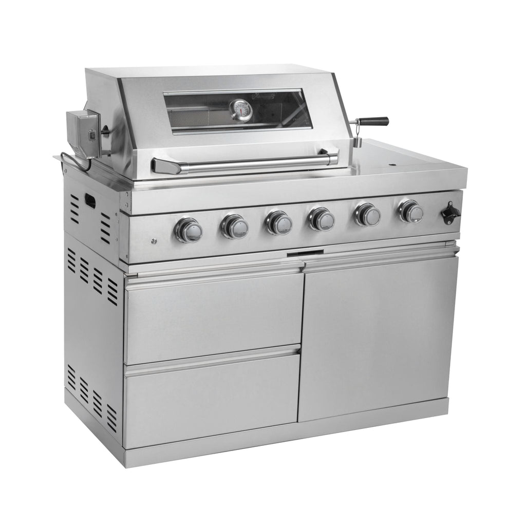 Castelle Flame Imperial 110-Inch 4-Burner 72K BTU Deluxe Stainless Steel Outdoor Kitchen Grill Island With Wine Cooler, Rotis