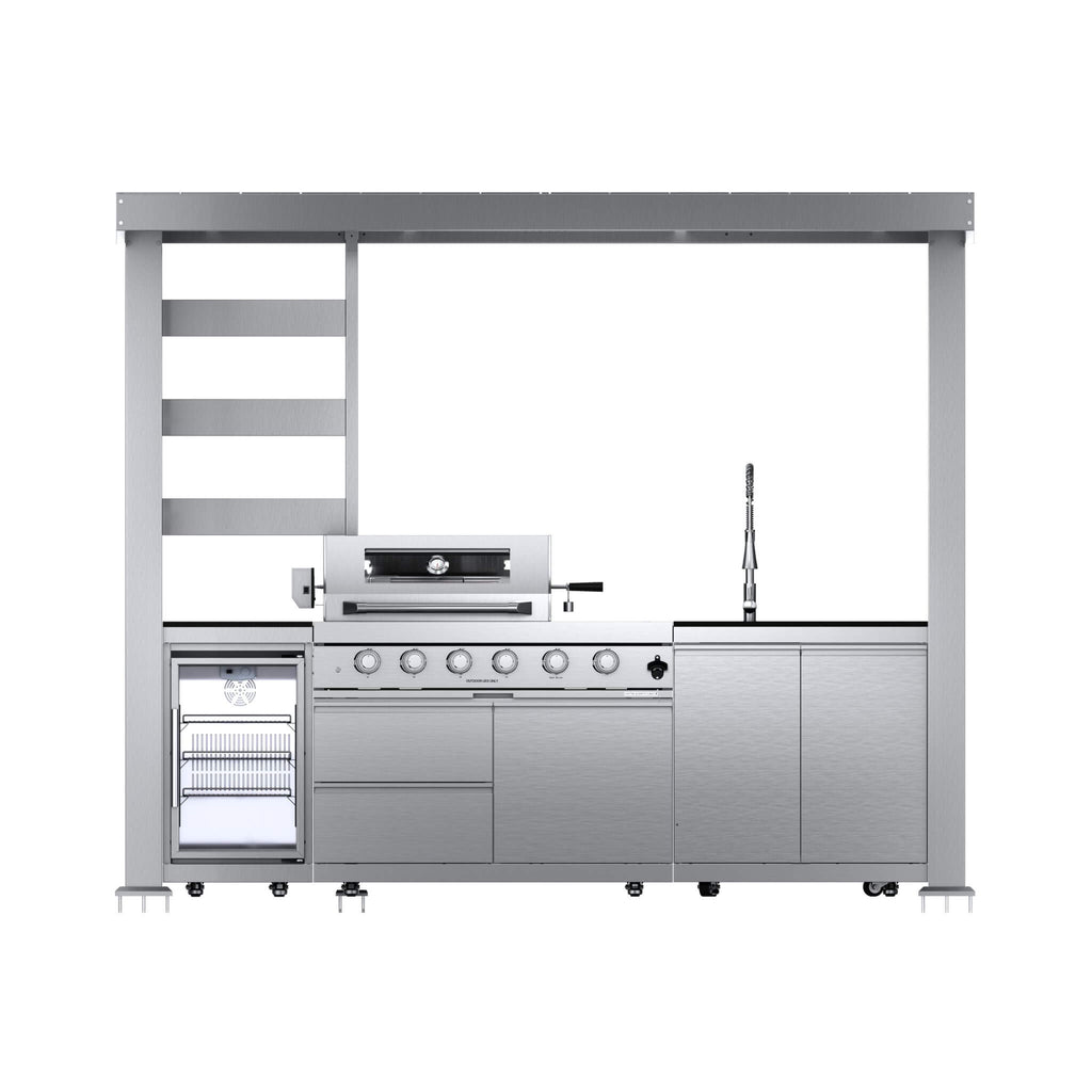 Castelle Flame Imperial 110-Inch 4-Burner 72K BTU Deluxe Stainless Steel Outdoor Kitchen Grill Island With Wine Cooler, Rotis