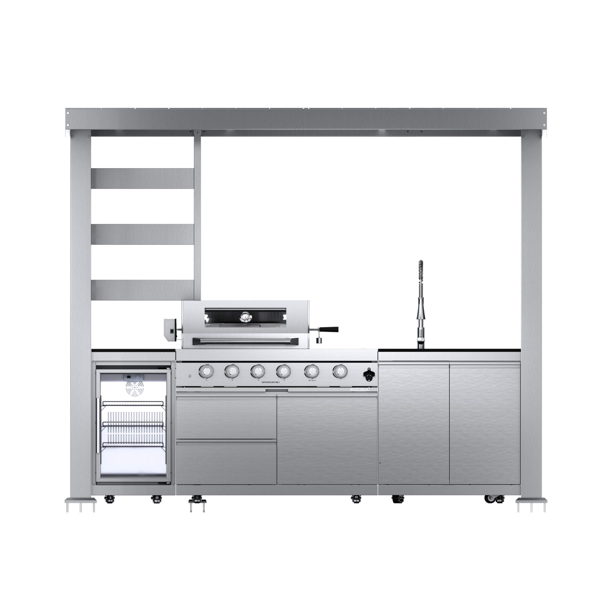 Castelle Flame Imperial 110-Inch 4-Burner 72K BTU Deluxe Stainless Steel Outdoor Kitchen Grill Island With Wine Cooler, Rotis