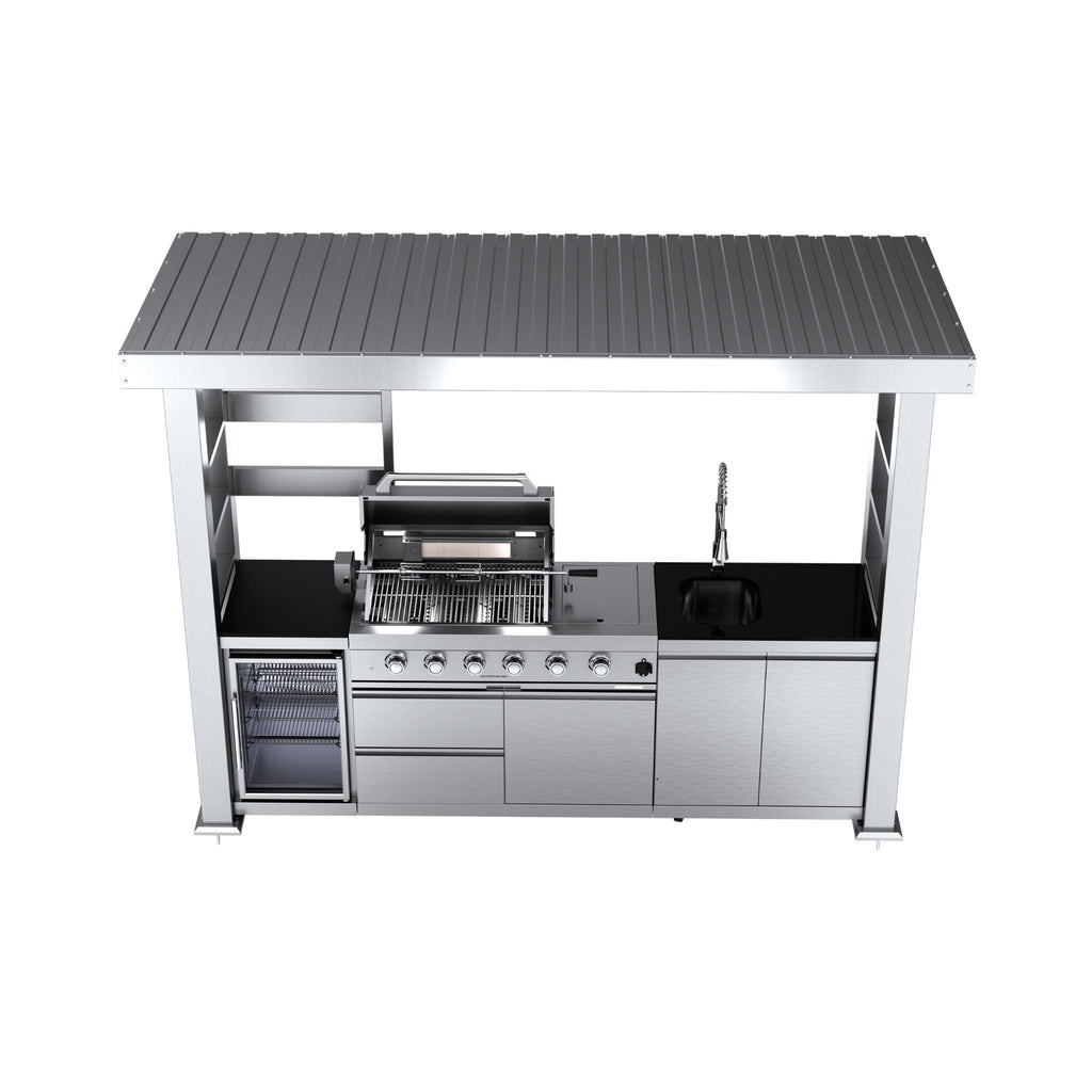 Castelle Flame Imperial 110-Inch 4-Burner 72K BTU Deluxe Stainless Steel Outdoor Kitchen Grill Island With Wine Cooler, Rotis