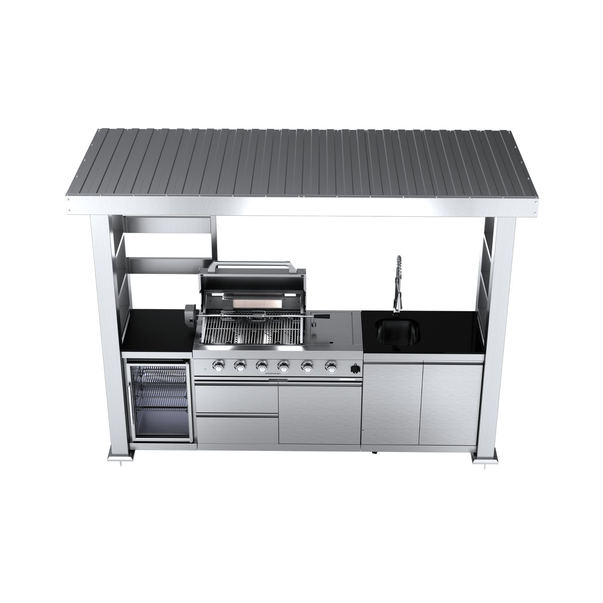 Castelle Flame Imperial 110-Inch 4-Burner 72K BTU Deluxe Stainless Steel Outdoor Kitchen Grill Island With Wine Cooler, Rotis