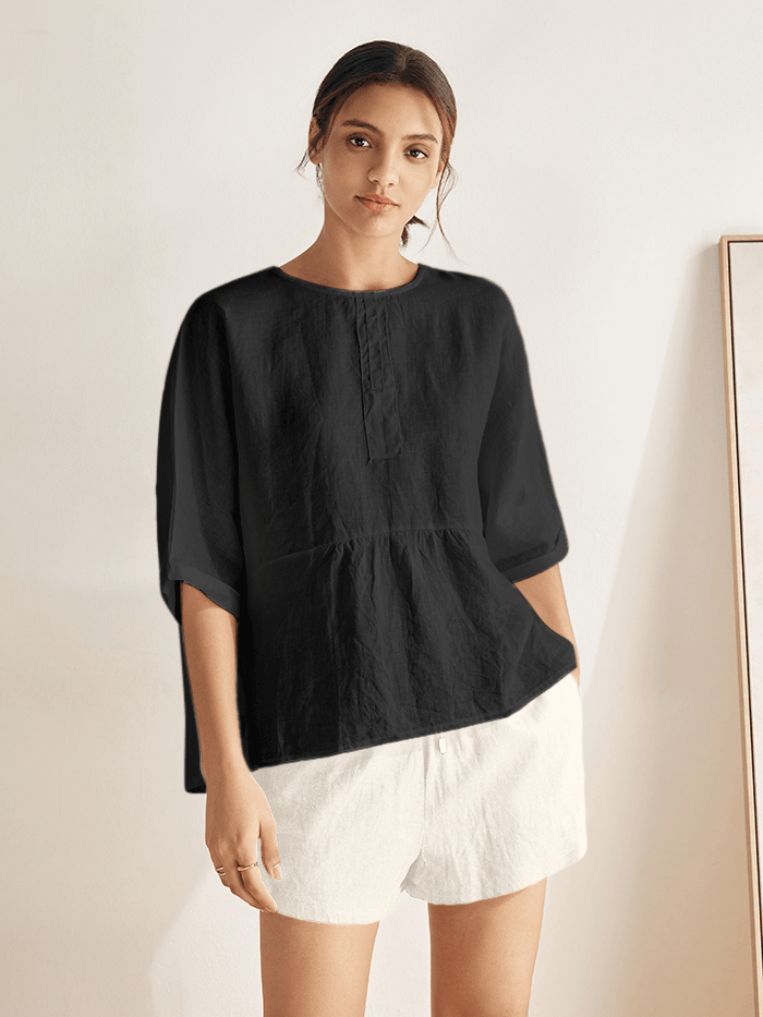 LINTICO 100% Linen Round Neck Mid-Sleeve Top ROBYN — feature highlight