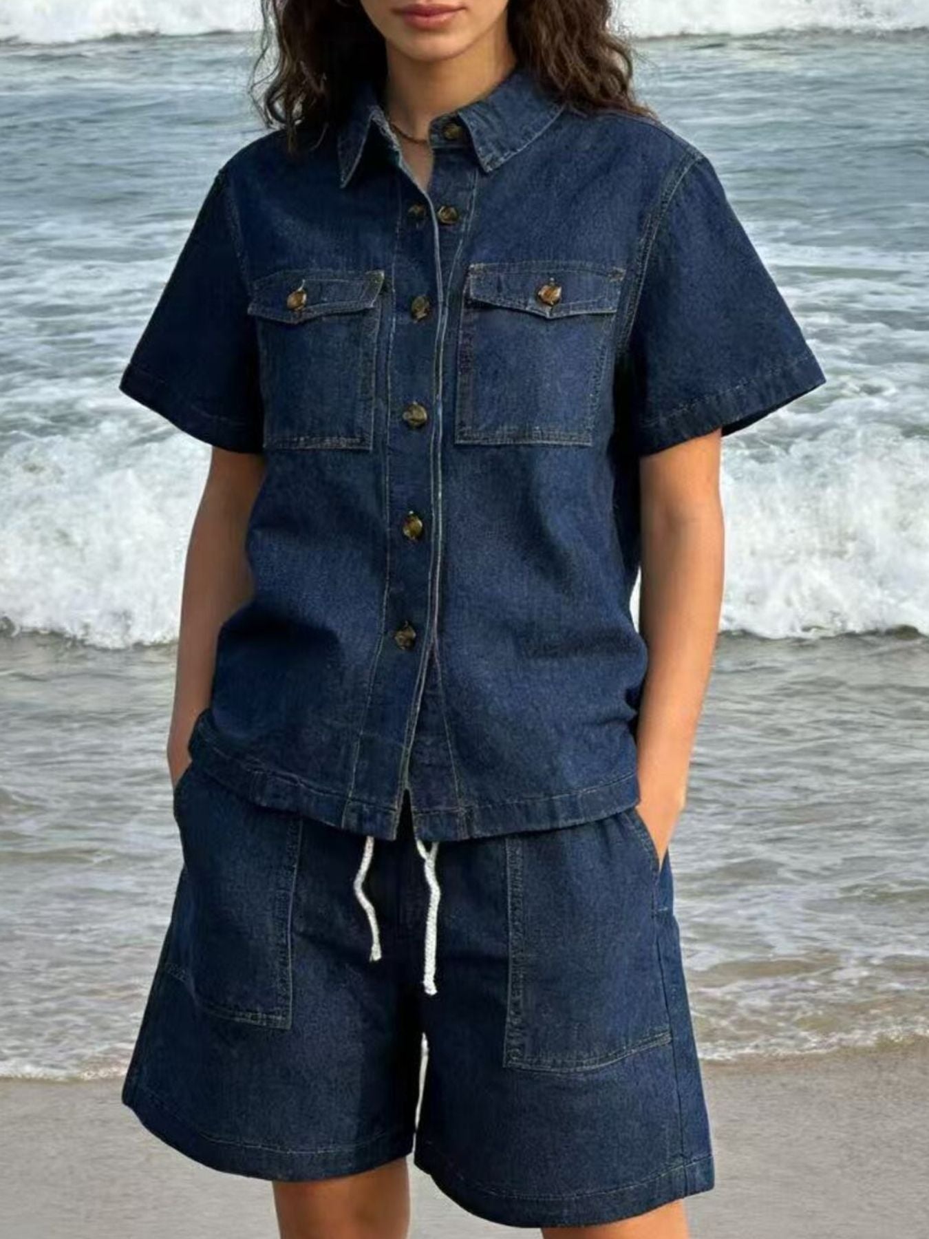 Button Up Short Sleeve Top and Shorts Denim Set