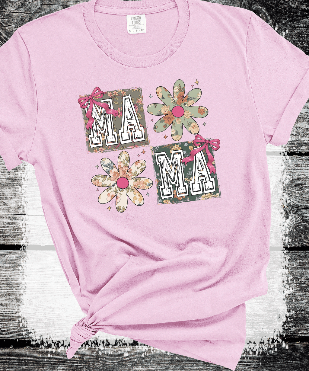 A Blessed Texas Mess Boutique Checker Mama Floral Flowers Coquette Bows Mother's Day — A Blessed Texas Mess Boutique branding close-up