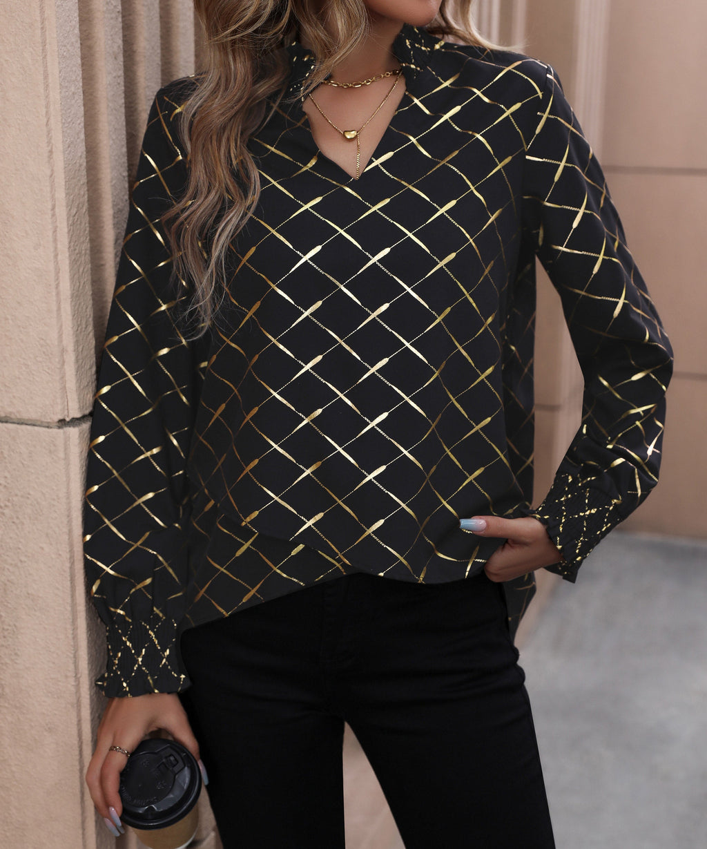 Pretty Little Patriot Pretty Little Patriot Gold Shimmer Long Sleeve Blouse — lifestyle worn / used context