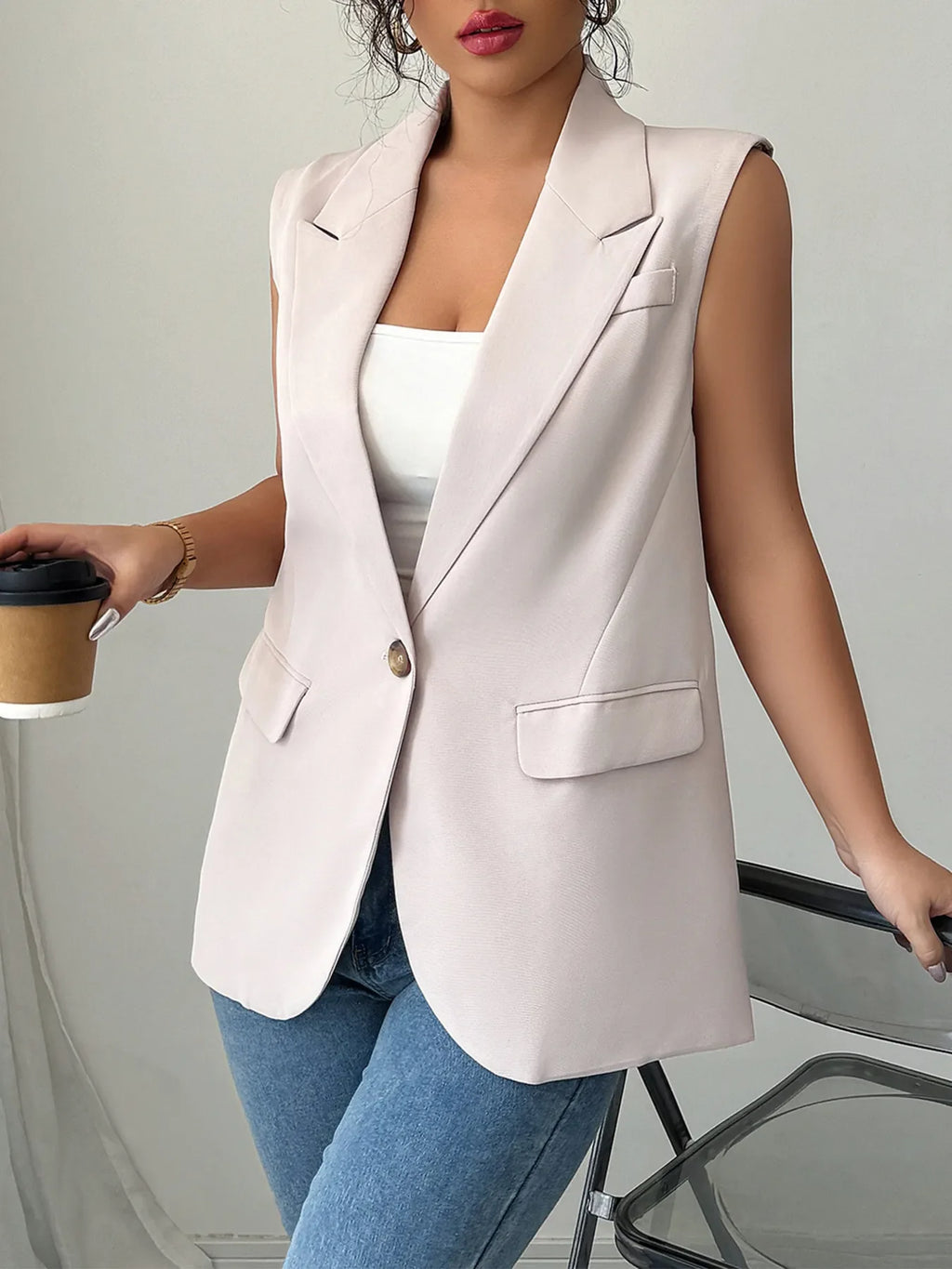One Button V-Neck Blazer Vest Coat