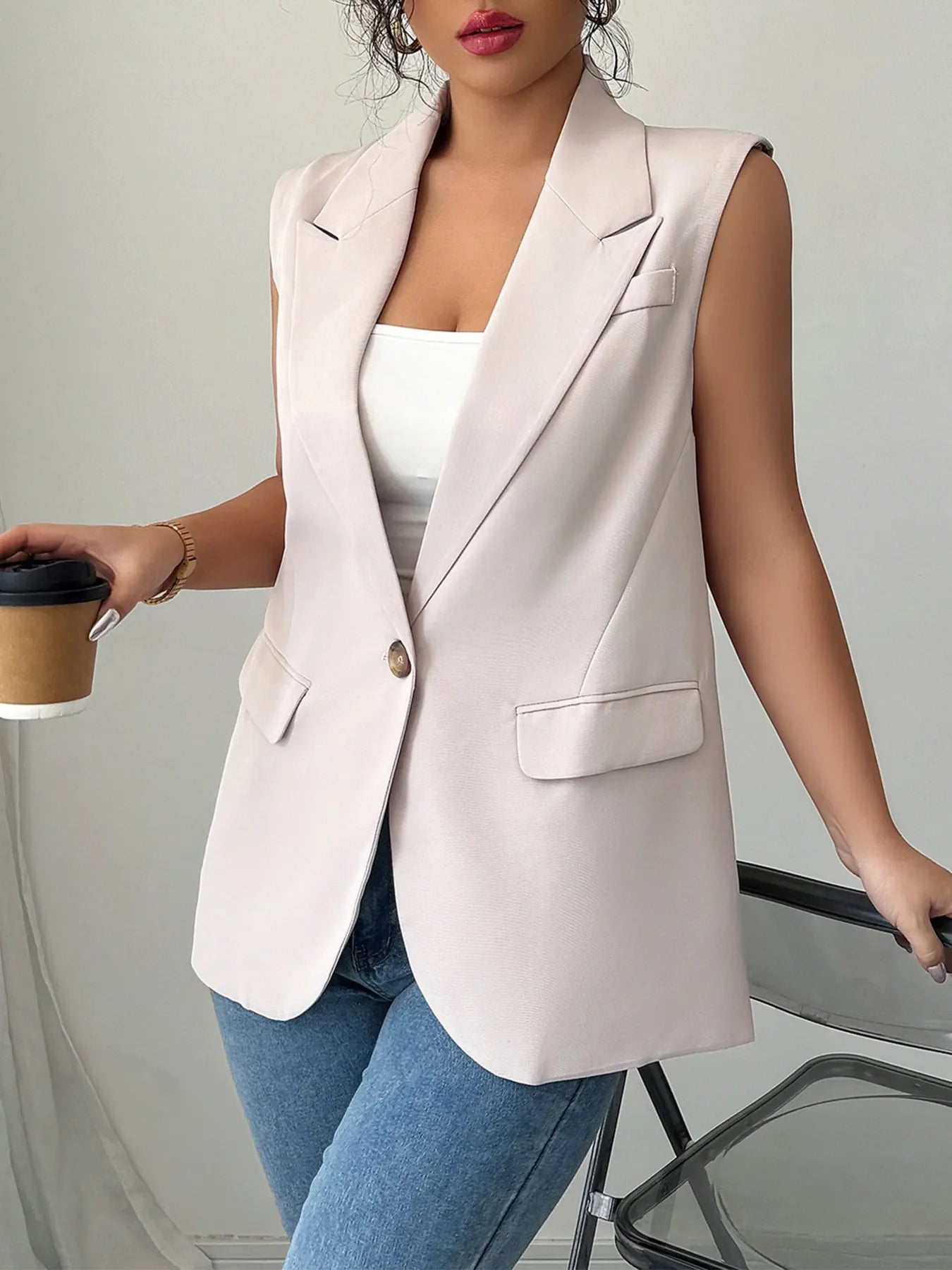 One Button V-Neck Blazer Vest Coat