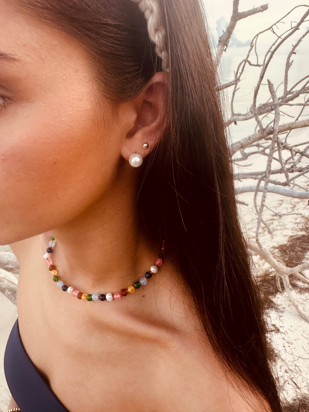 CanyonLeaf Raw Baltic Amber and Pearl Necklace + Sweet Pink Gemstones — Pink detail