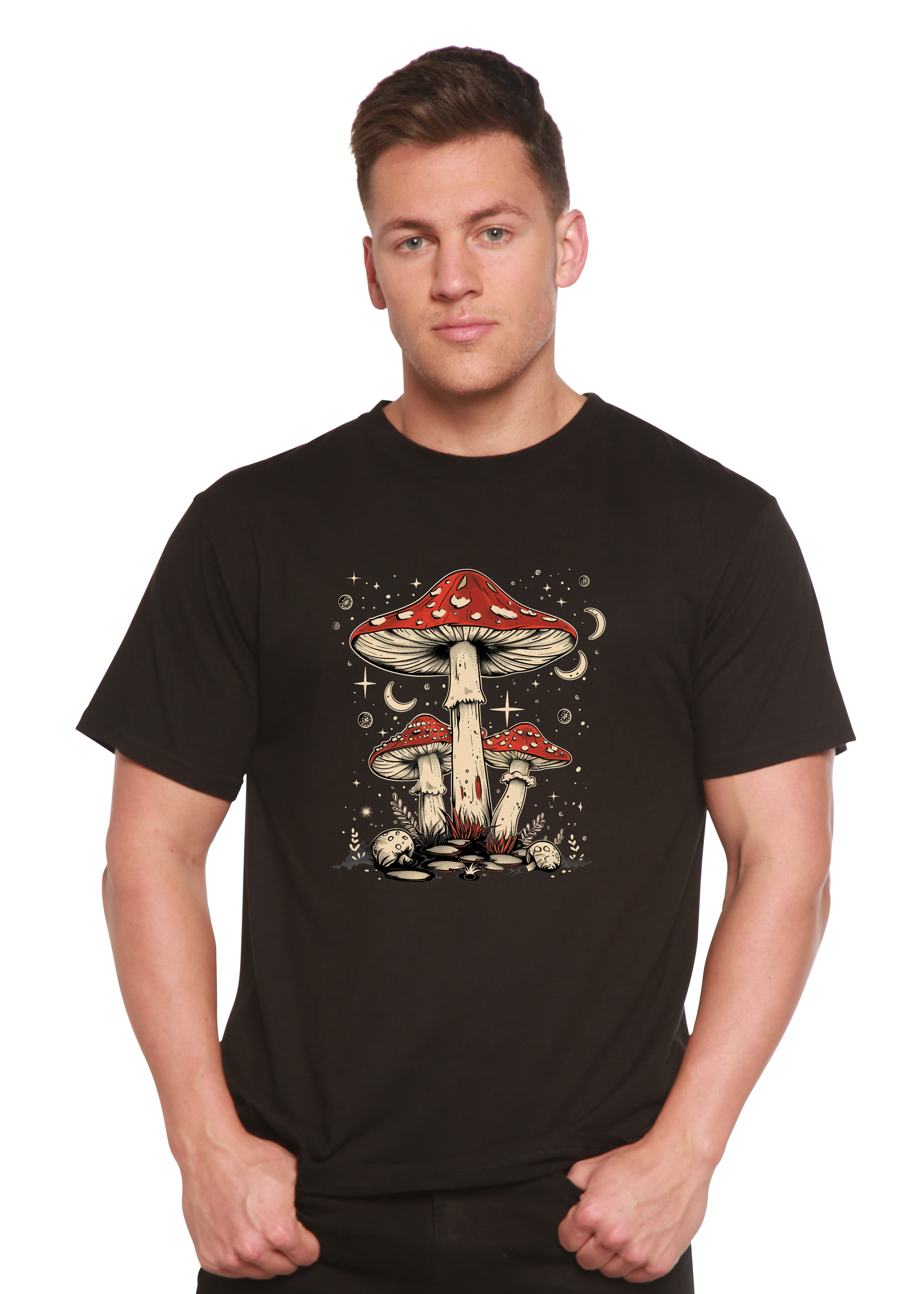 Spun Bamboo Boho Retro Hippie Mushrooms Natural Unisex Bamboo/Cotton Graphic T-Shirt — comparison shot