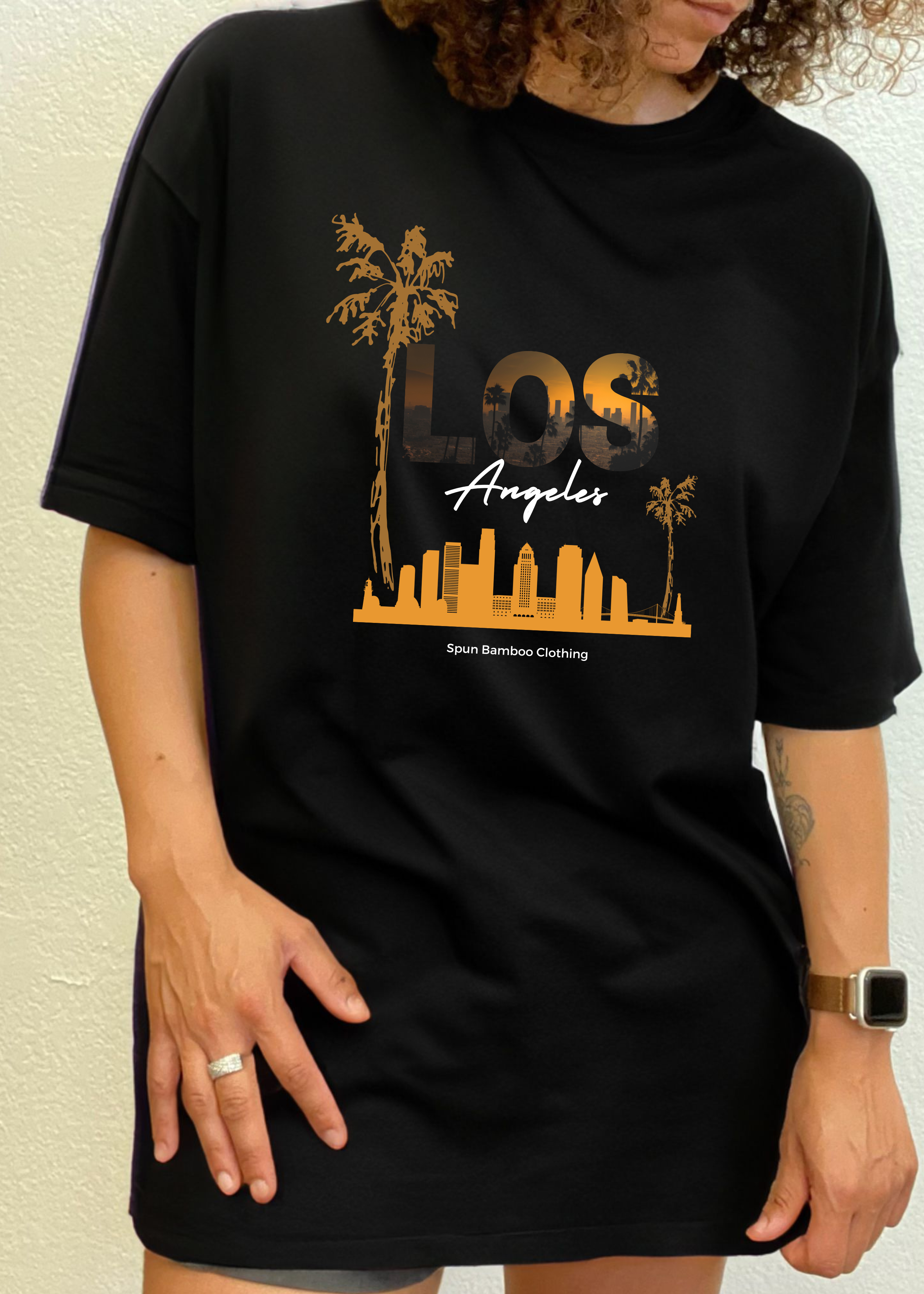 Spun Bamboo Los Angeles Unisex Bamboo Viscose/Organic Cotton Short Sleeve Graphic T-Shirt — in-use photo