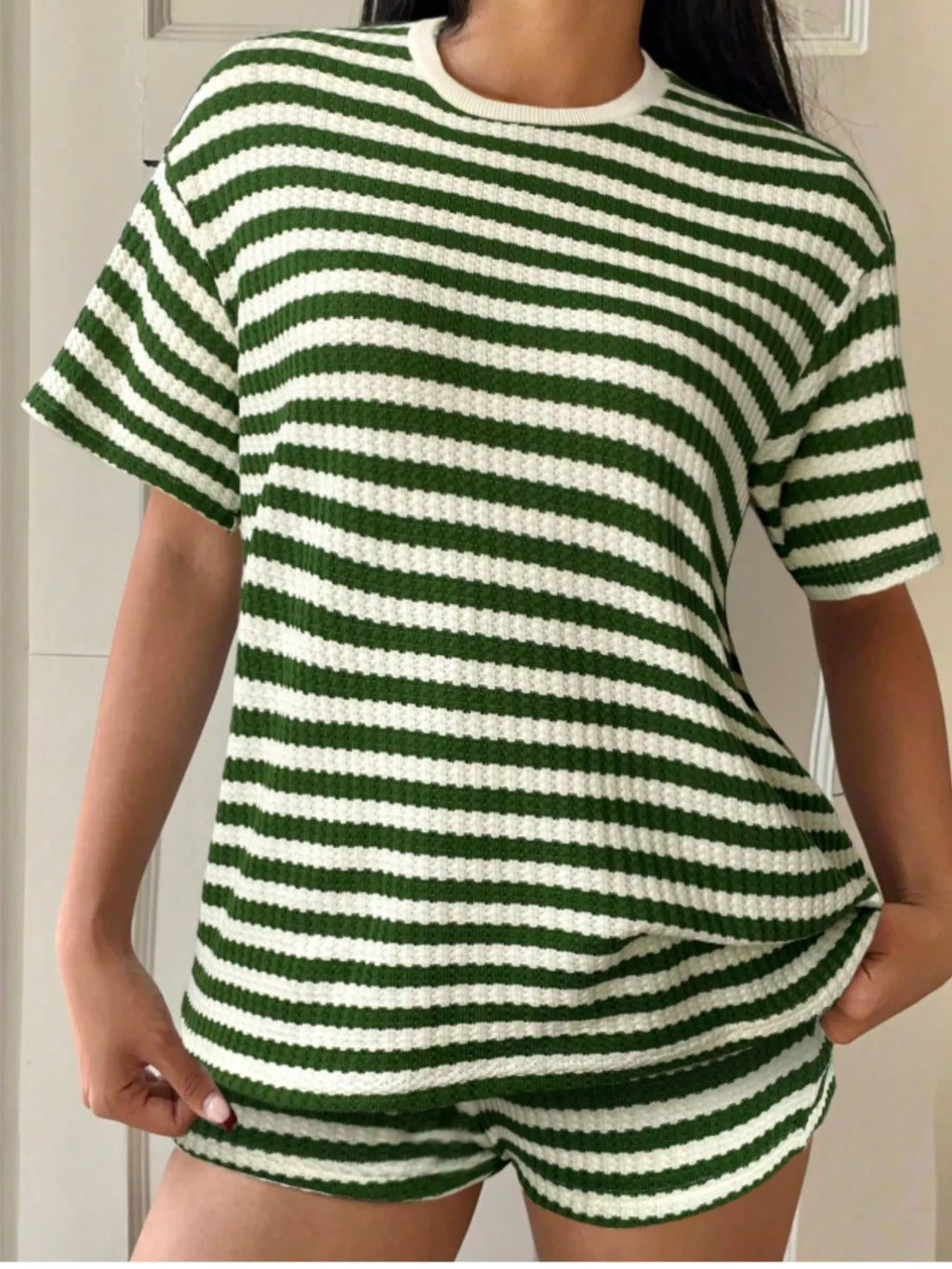 Striped Round Neck Top and Shorts Set
