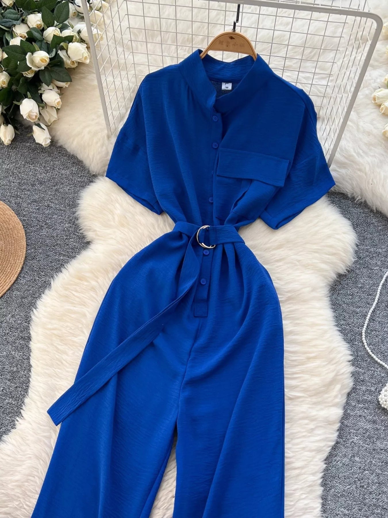 Button Front Wide Leg Jumpsuit