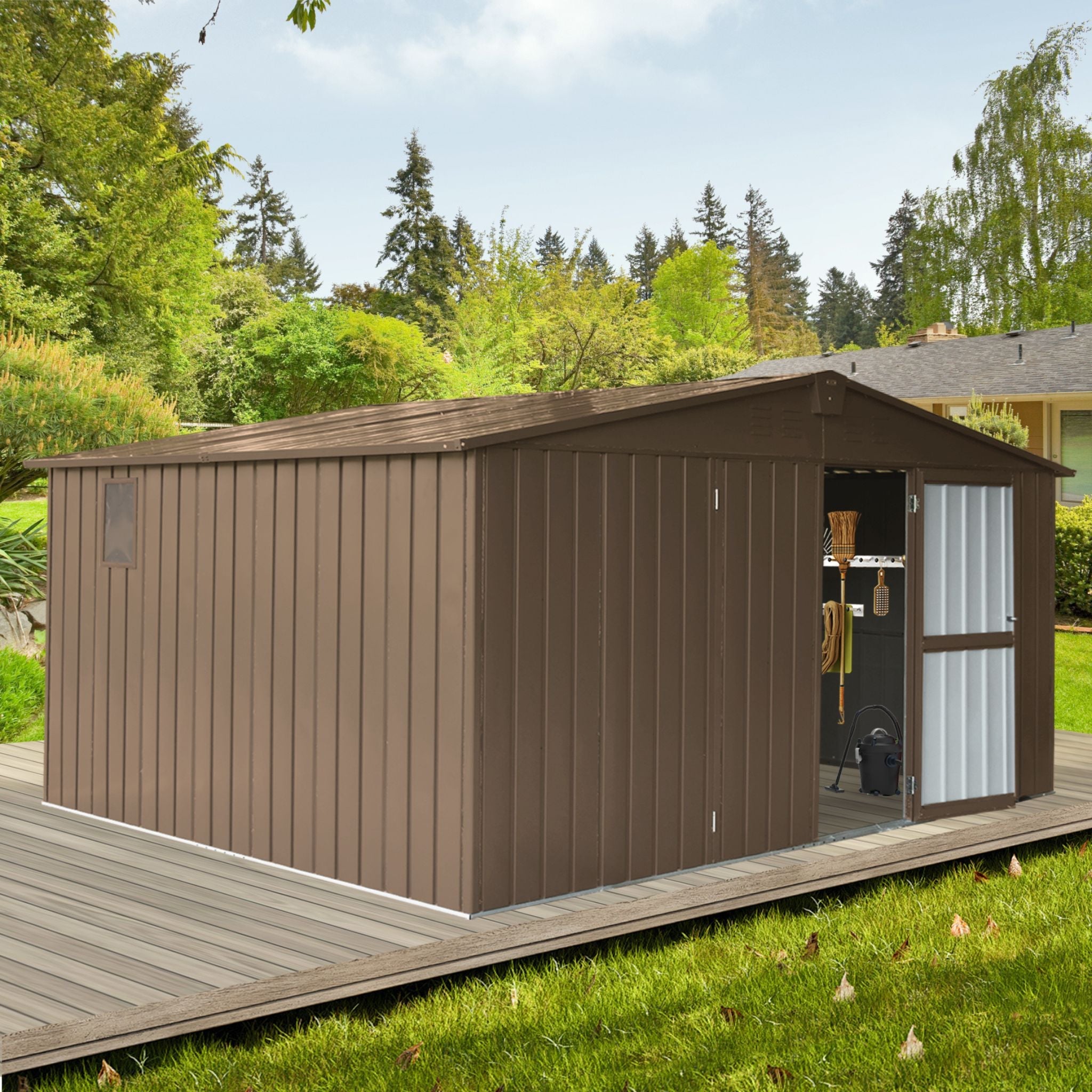 [11X12FT] Alora Outdoor Backyard Storage Metal Shed With Galvanized Steel Frame, Windows, And Lockable Doors (SAK60167) – SAK