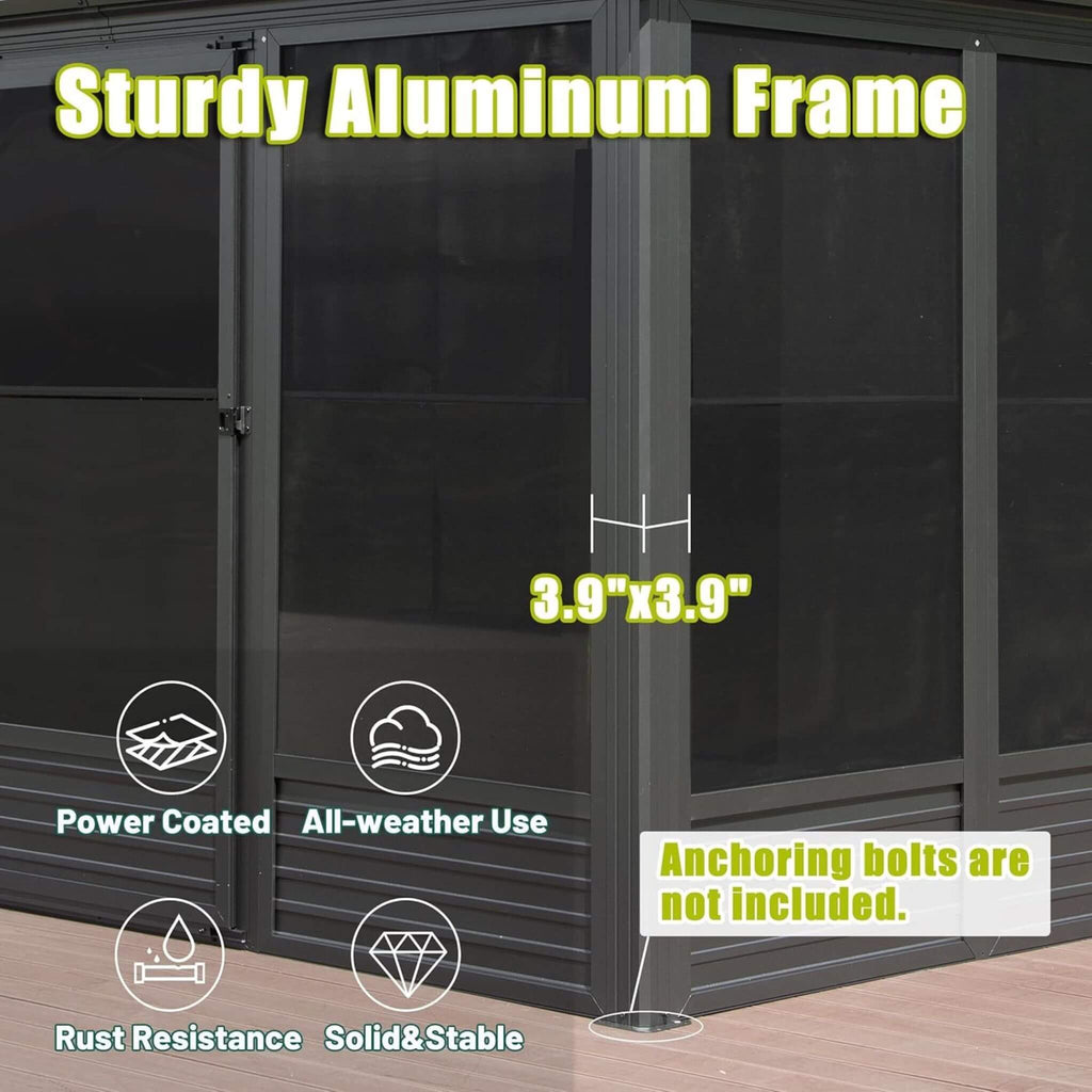 [11X14FT] Alora Meridian Premium Four Season Outdoor Aluminum Hardtop Gazebo Sunroom With Galvanized Steel Roof, Sliding Door