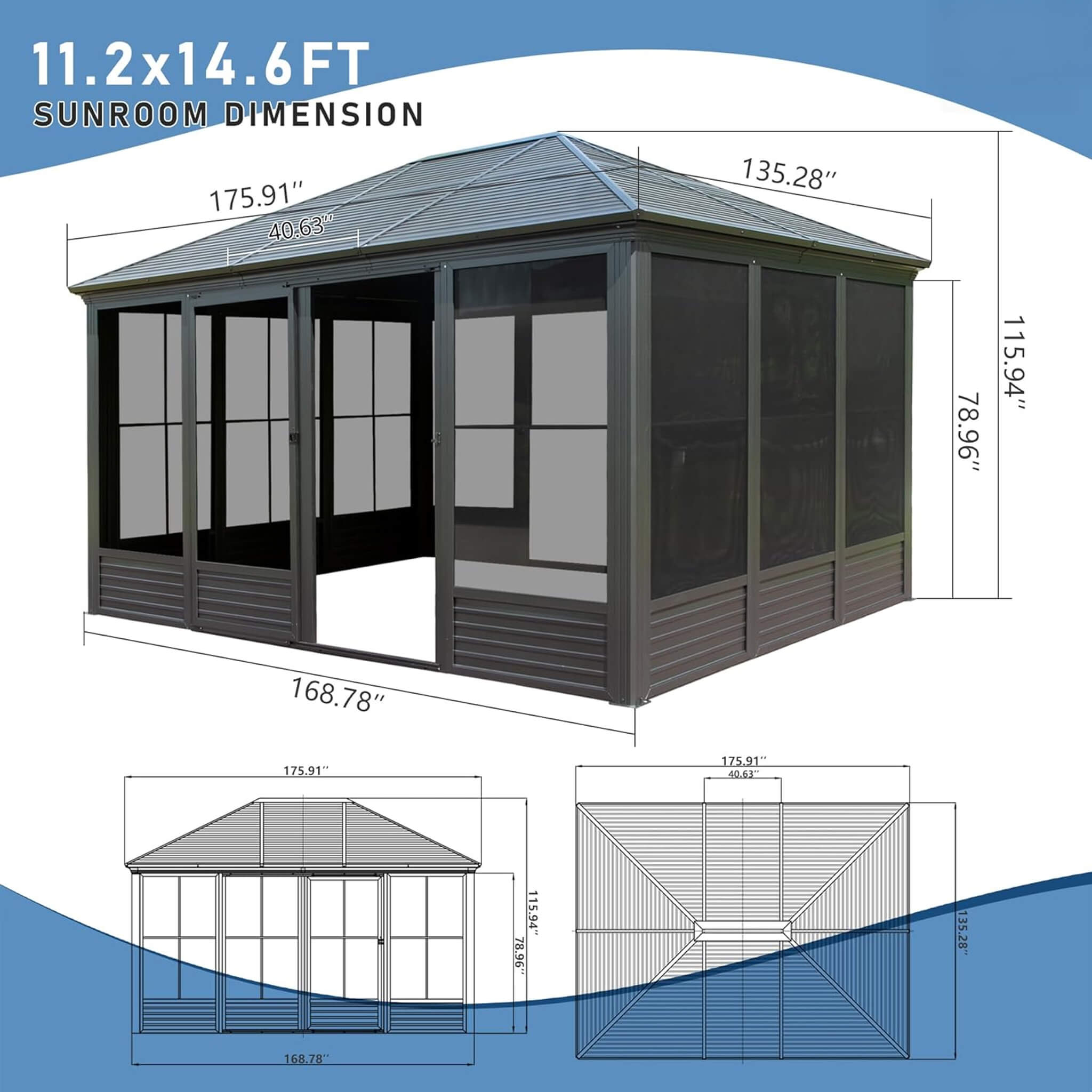 [11X14FT] Alora Meridian Premium Four Season Outdoor Aluminum Hardtop Gazebo Sunroom With Galvanized Steel Roof, Sliding Door