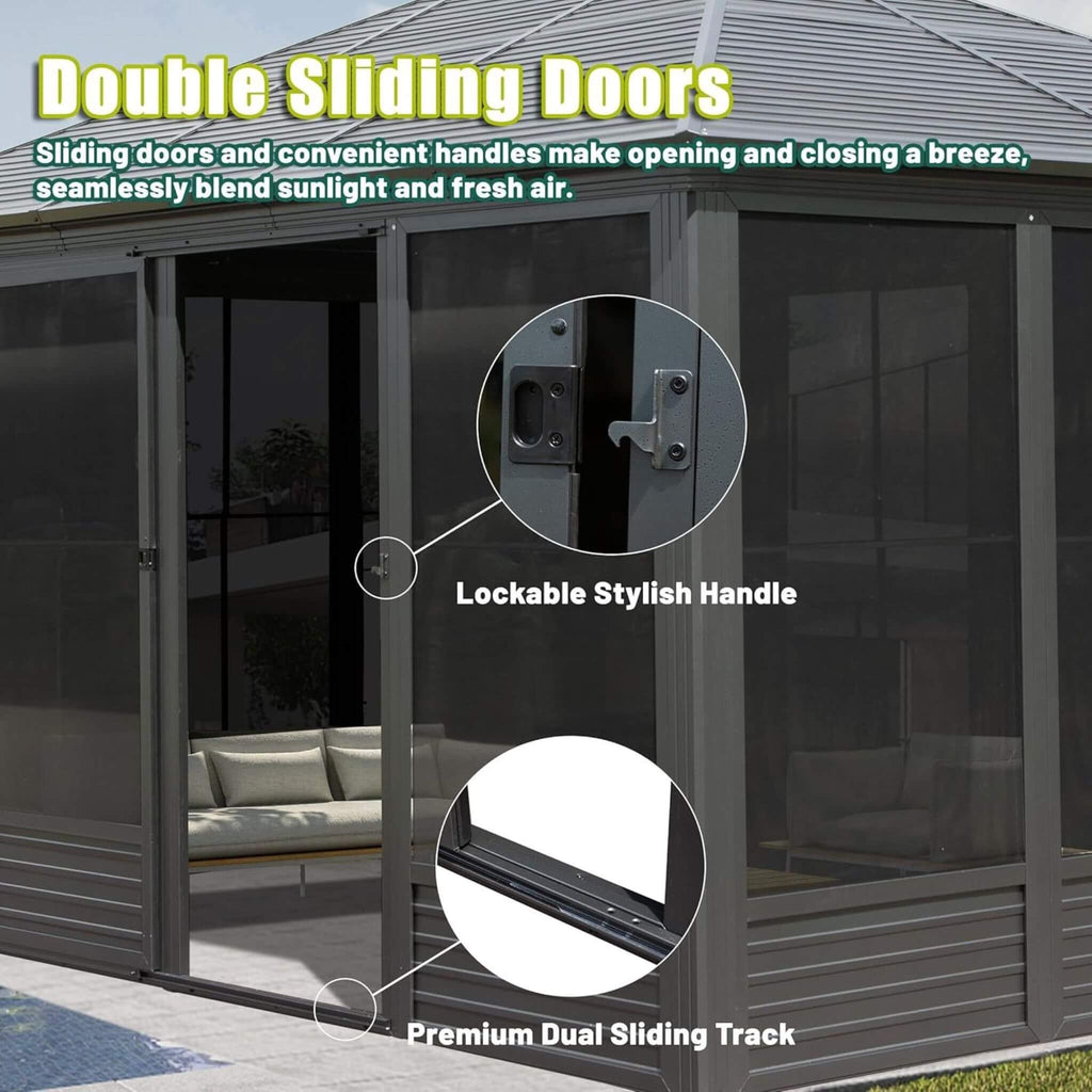 [11X14FT] Alora Meridian Premium Four Season Outdoor Aluminum Hardtop Gazebo Sunroom With Galvanized Steel Roof, Sliding Door