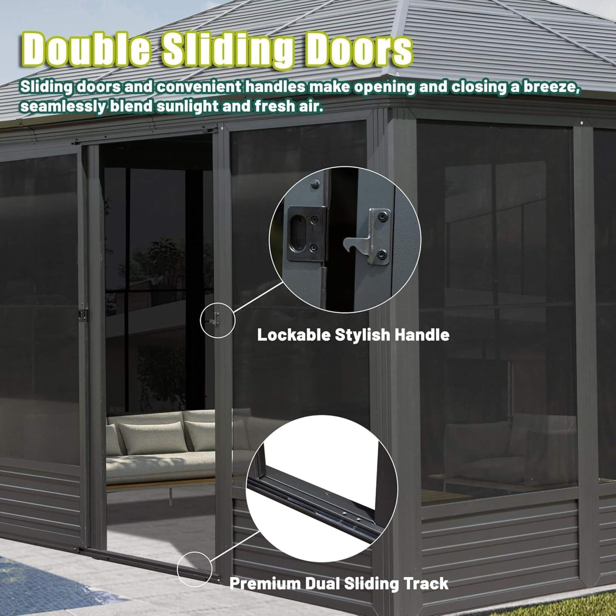 [11X14FT] Alora Meridian Premium Four Season Outdoor Aluminum Hardtop Gazebo Sunroom With Galvanized Steel Roof, Sliding Door
