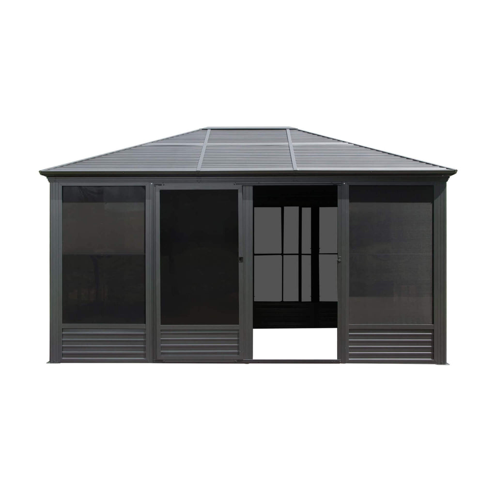 [11X14FT] Alora Meridian Premium Four Season Outdoor Aluminum Hardtop Gazebo Sunroom With Galvanized Steel Roof, Sliding Door