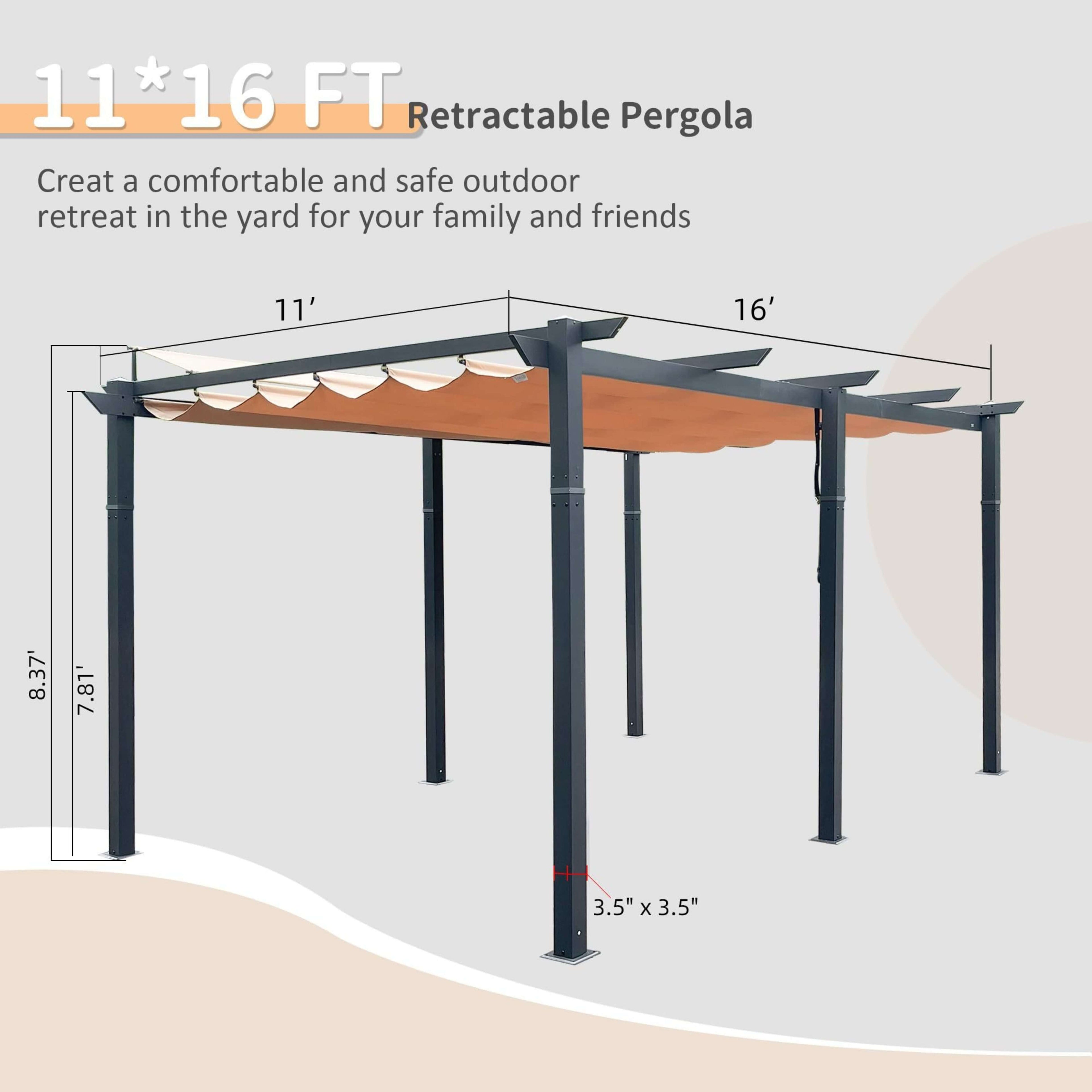 [11X16FT] Alora Heavy-Duty Outdoor Retractable Aluminum Pergola With Weather-Resistant Canopy (SAK91853) – SAKSBY WHOLESALE, 