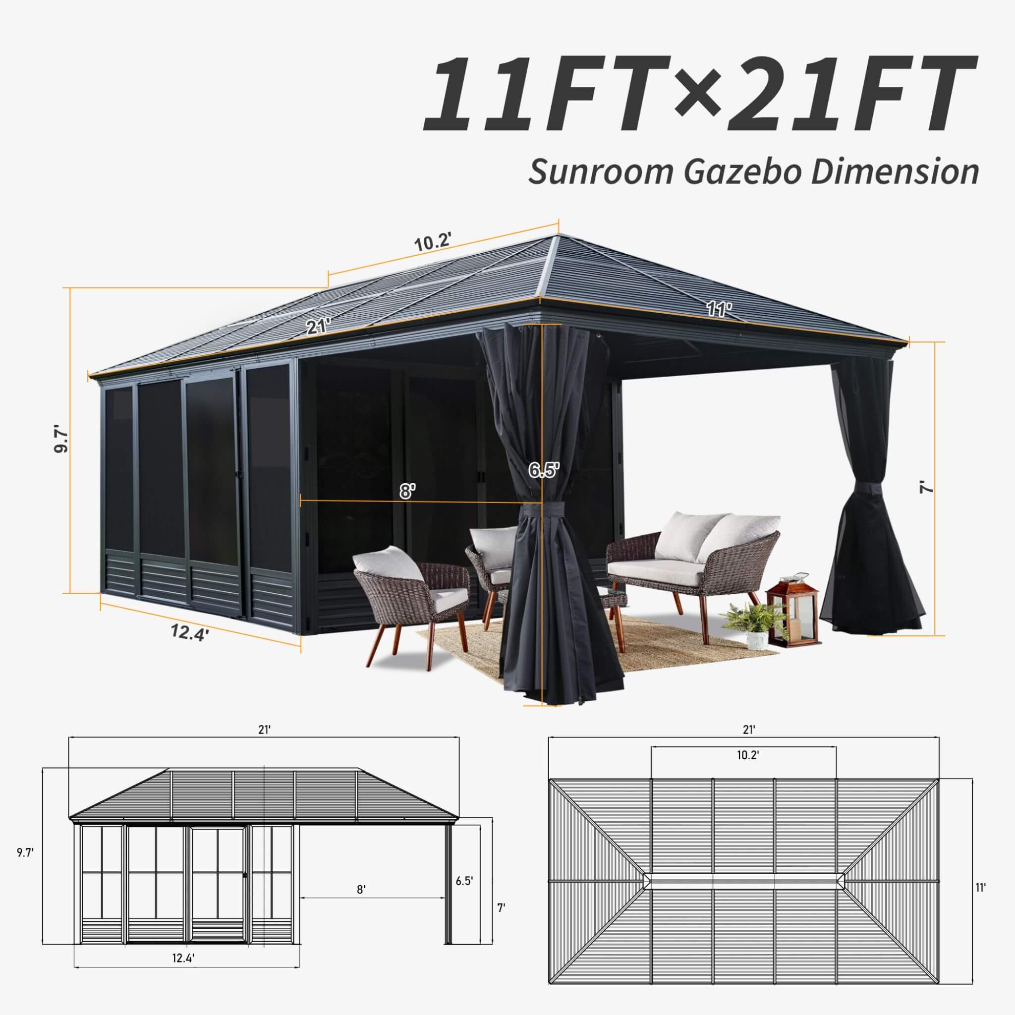 [11X21FT] Alora Outdoor All-Season Solarium Sunroom Gazebo With Galvanized Steel Roof (SAK42018) – SAKSBY WHOLESALE, view 10