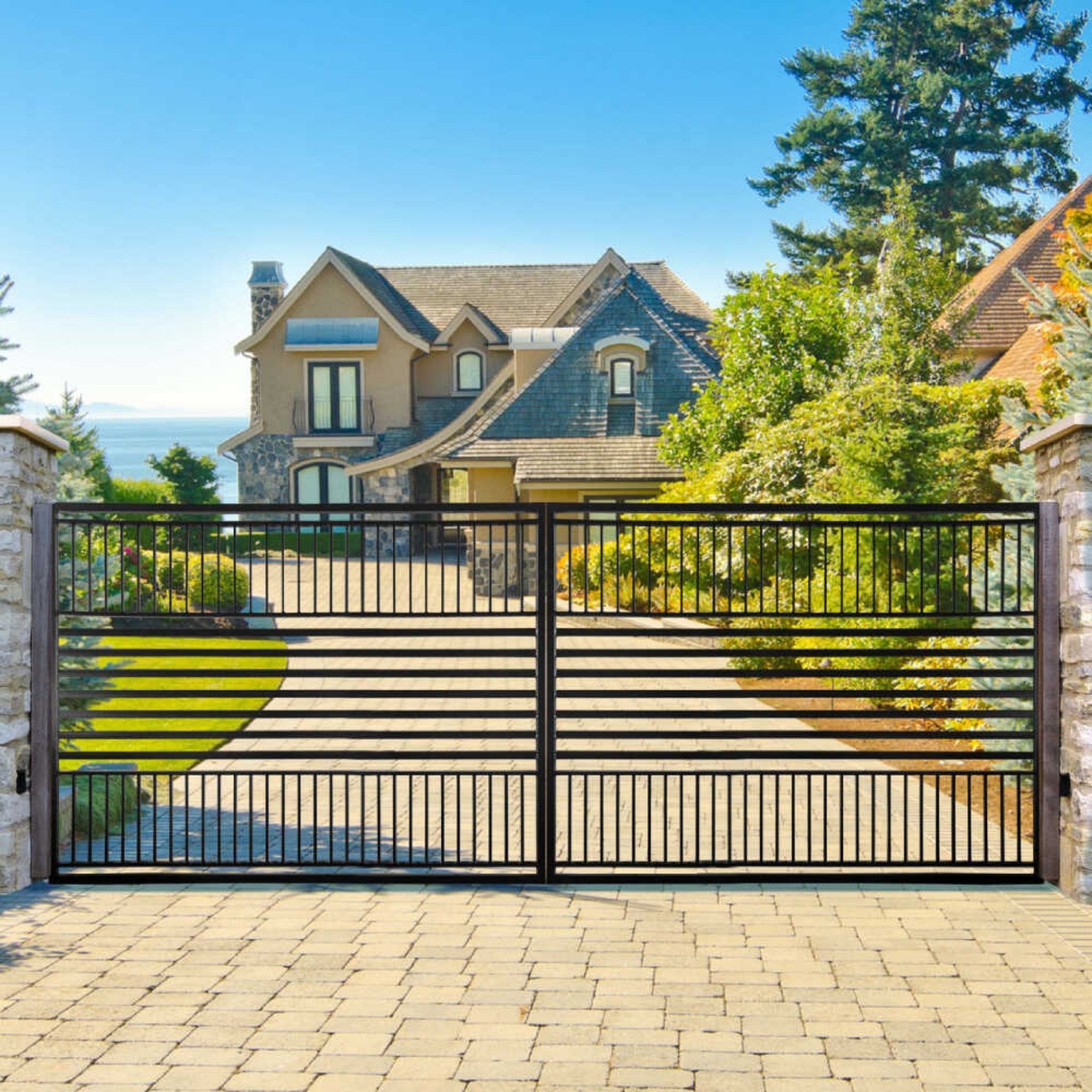 [12-18FT] Heavy-Duty Barcelona-Style Powder-Coated Steel Galvanized Dual Swing Driveway Gate (SAK25978) – SAKSBY WHOLESALE, v