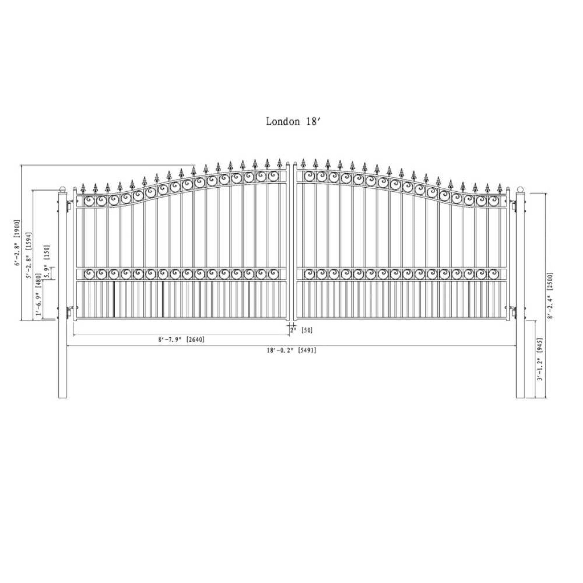 [12-18FT] Heavy-Duty London-Style Powder-Coated Galvanized Steel Dual-Swing Driveway Gate (SAK48520) – SAKSBY WHOLESALE, view
