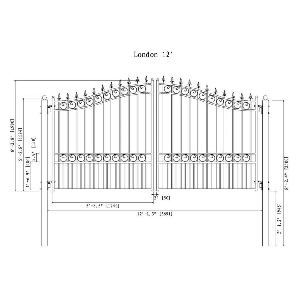 [12-18FT] Heavy-Duty London-Style Powder-Coated Galvanized Steel Dual-Swing Driveway Gate (SAK48520) – SAKSBY WHOLESALE, view