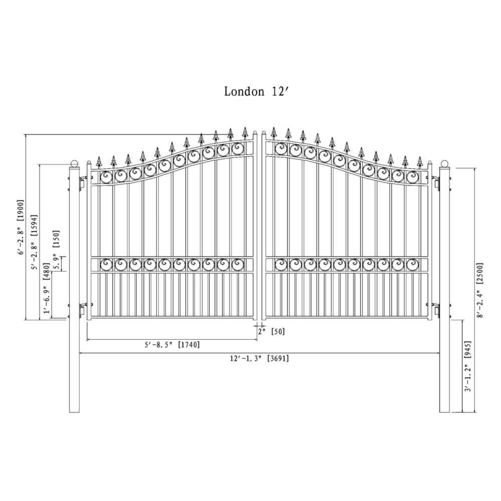 [12-18FT] Heavy-Duty London-Style Powder-Coated Galvanized Steel Dual-Swing Driveway Gate (SAK48520) – SAKSBY WHOLESALE, view