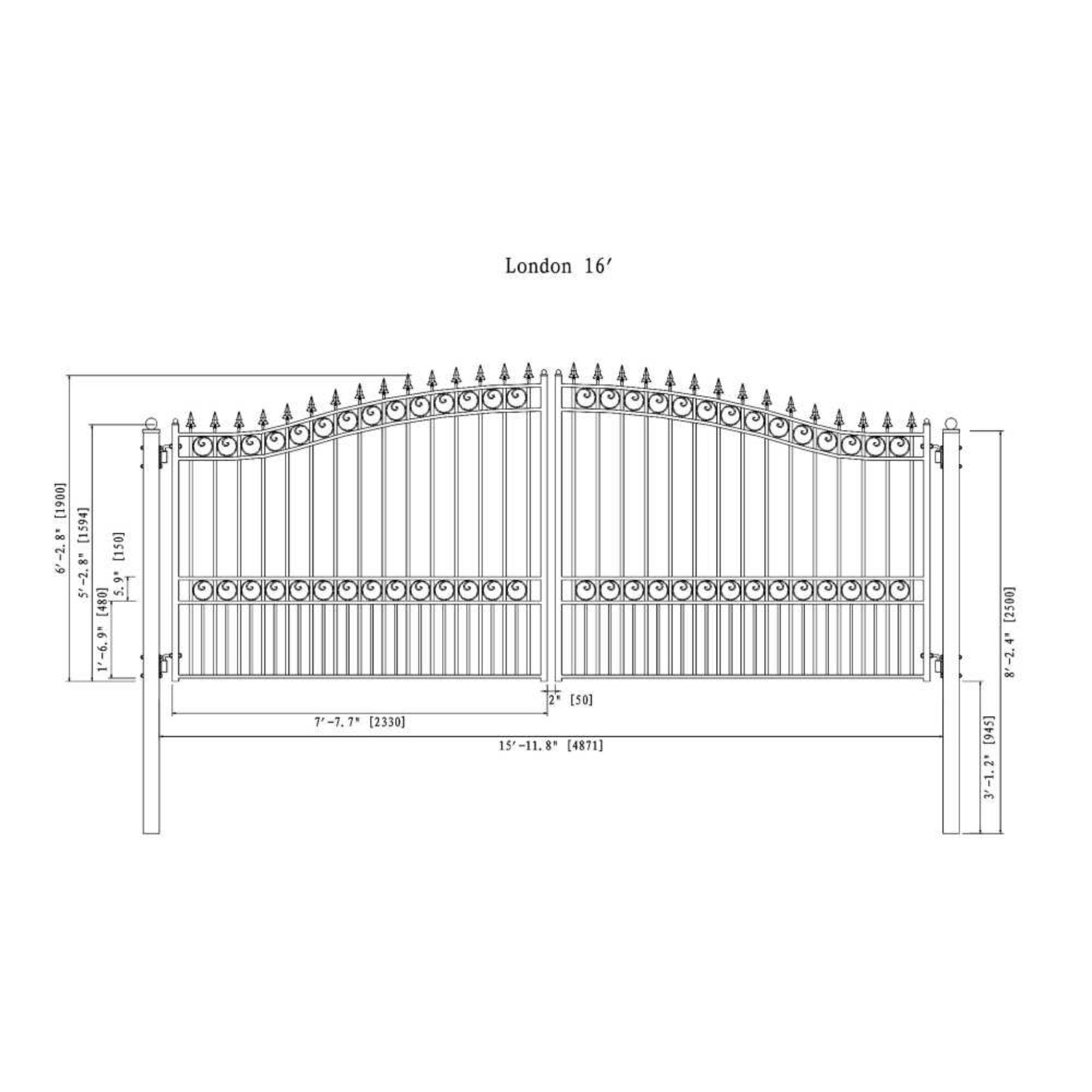 [12-18FT] Heavy-Duty London-Style Powder-Coated Galvanized Steel Dual-Swing Driveway Gate (SAK48520) – SAKSBY WHOLESALE, view