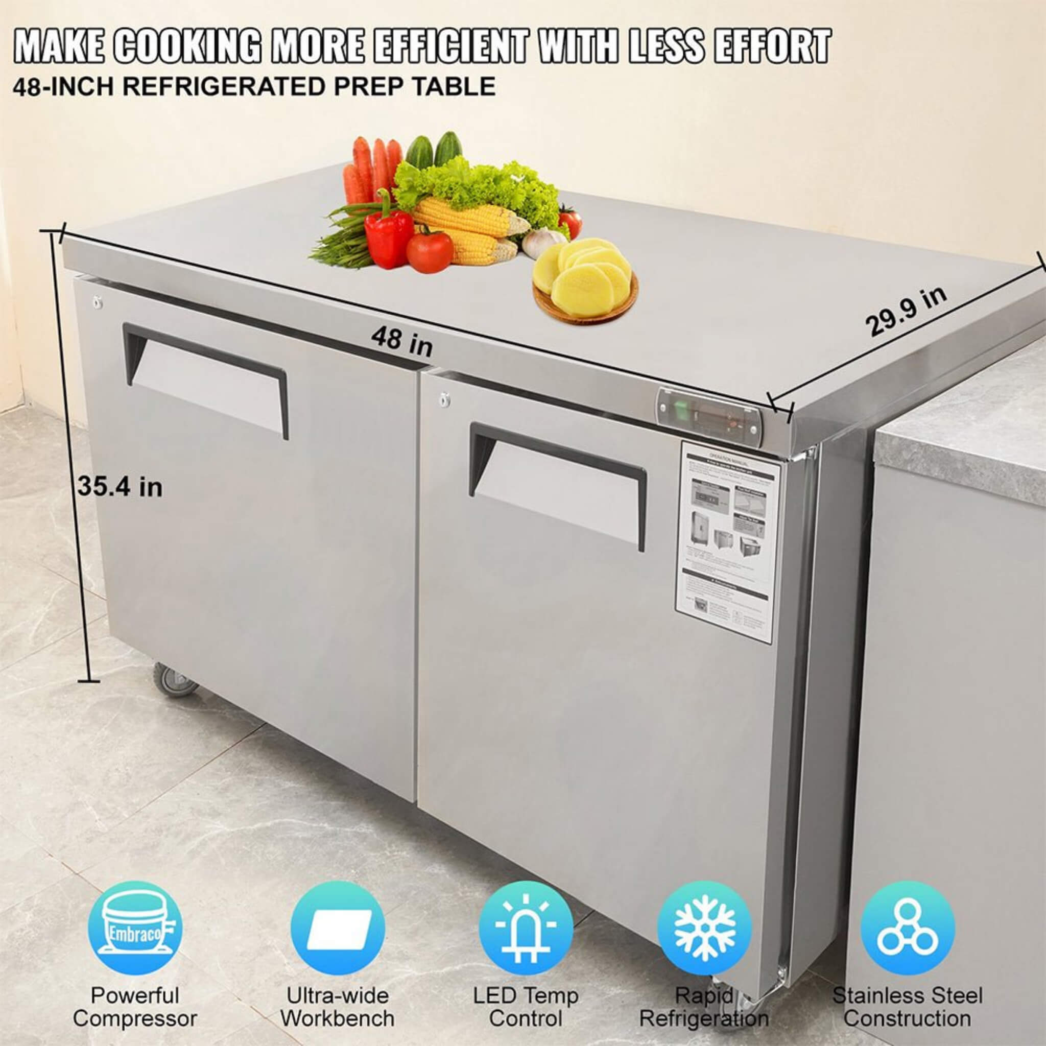 12.9 Cu.Ft 2-Door 48-Inch Commercial Stainless Steel Worktop Undercounter Refrigerator (SAK26049) – SAKSBY WHOLESALE, view 3