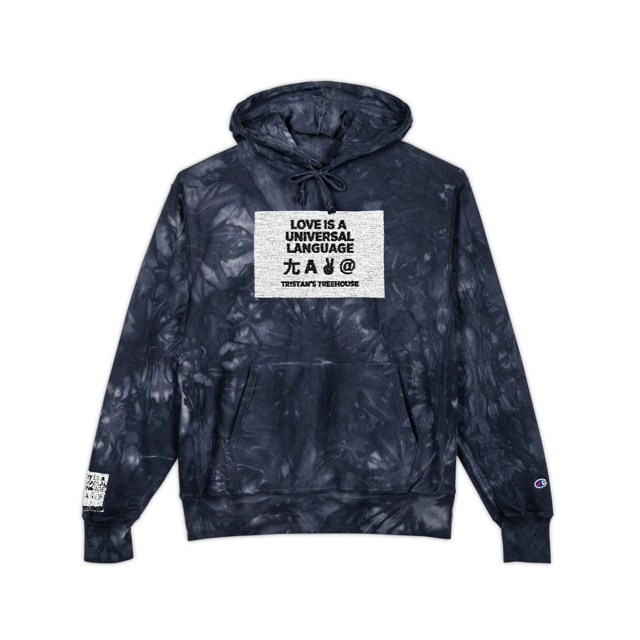 Tie-Dye Champion Hoodie — Embroidered "Love Is A Universal Language" Graphic