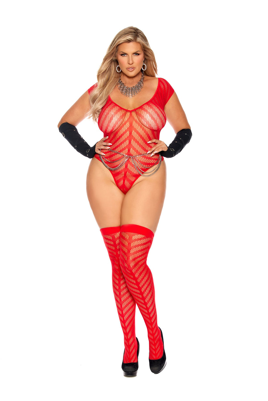 Love Spark Cove | Intimate Apparel, Pleasure Shop & Free Shipping Chevron Striped Crochet Deep V Teddy And Matching Stockings